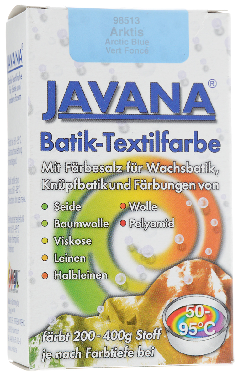 Краситель порошковый для ткани Kreul Javana Batik, горячей фиксации, цвет: светло-голубой, 75 гKR-98513 Краситель порошковый для ткани Kreul Javana Batik, горячей фиксации, цвет: светло-голубой, 75 гKR-98513Краситель порошковый для ткани Kreul Javana Batik предназначен для окрашивания шелка, хлопка, льна, вискозы, шерсти и полиамида. Способ применения: 1 пакет красителя растворить в 6 литрах воды для окрашивания 400 г сухой ткани. Для шелка, шерсти - добавить 300 мл уксуса. Поставить на водяную баню при умеренной температуре (от +50°С до +90°С), постоянно помешивая в течение часа. Дать остыть ткани в красителе, прополоскать в теплой воде. Стирать отдельно при температуре 40°С. Батик - древнейшее искусство декорирования текстиля и предметов интерьера. Это самый древний вид росписи из существующих в наше время. Он известен уже более 2000 лет. Изделия из расписанных тканей находят утилитарное применение в одежде, аксессуарах и декоре современных интерьеров. Используя новые техники и материалы, вы можете создать индивидуальный стиль, привнести в жизнь яркие краски, тепло и уют.