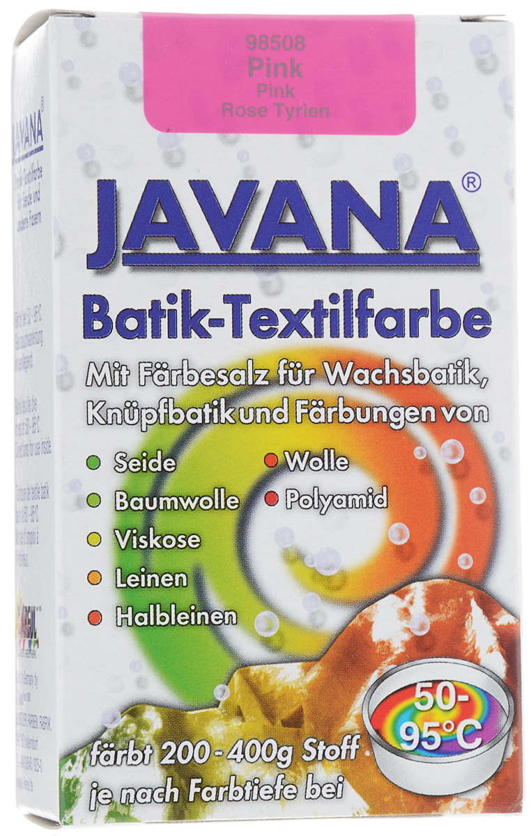 Краситель порошковый для ткани Kreul Javana Batik, горячей фиксации, цвет: розовый, 75 гKR-98508 Краситель порошковый для ткани Kreul Javana Batik, горячей фиксации, цвет: розовый, 75 гKR-98508Краситель порошковый для ткани Kreul Javana Batik предназначен для окрашивания шелка, хлопка, льна, вискозы, шерсти и полиамида. Способ применения: 1 пакет красителя растворить в 6 литрах воды для окрашивания 400 г сухой ткани. Для шелка, шерсти - добавить 300 мл уксуса. Поставить на водяную баню при умеренной температуре (от +50°С до +90°С), постоянно помешивая в течение часа. Дать остыть ткани в красителе, прополоскать в теплой воде. Стирать отдельно при температуре 40°С. Батик - древнейшее искусство декорирования текстиля и предметов интерьера. Это самый древний вид росписи из существующих в наше время. Он известен уже более 2000 лет. Изделия из расписанных тканей находят утилитарное применение в одежде, аксессуарах и декоре современных интерьеров. Используя новые техники и материалы, вы можете создать индивидуальный стиль, привнести в жизнь яркие краски, тепло и уют.