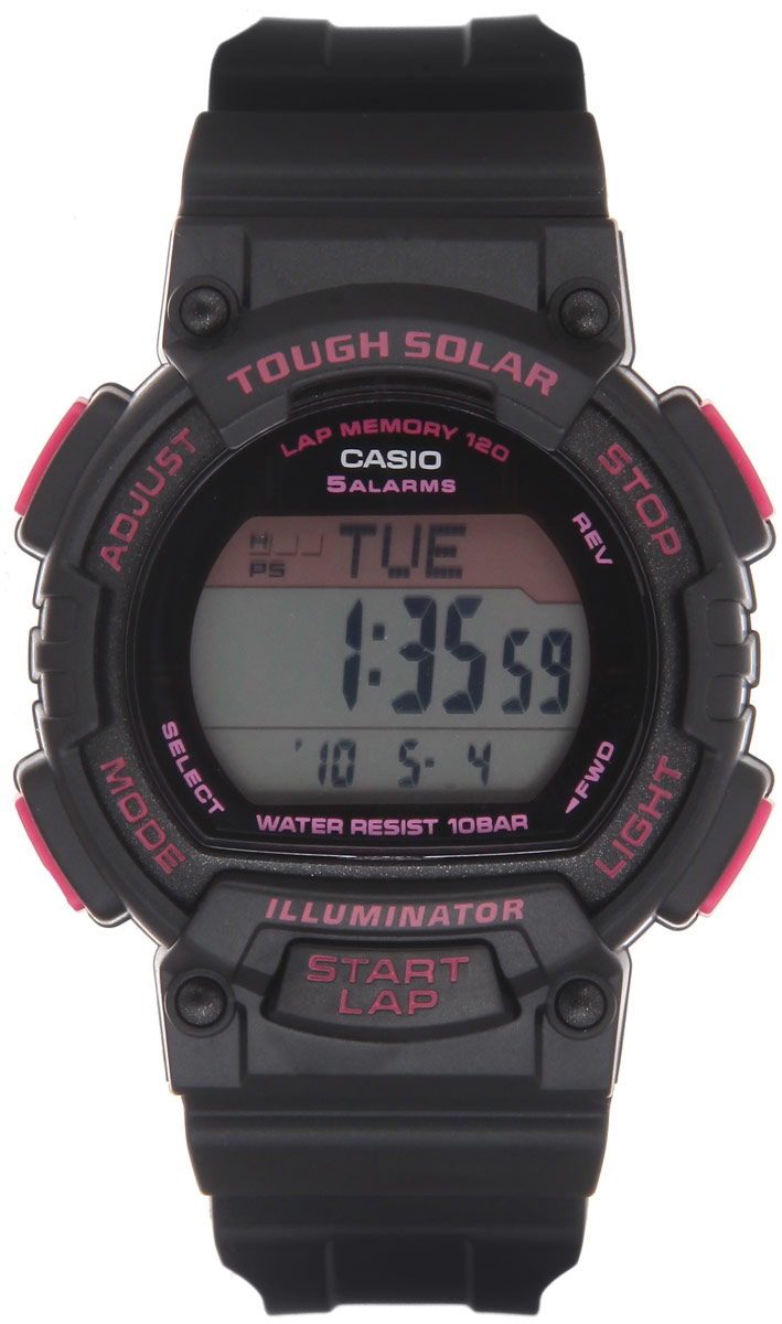 Часы наручные Casio Sports, цвет: черный, розовый. STL-S300H-1CSTL-S300H-1C Часы наручные Casio Sports, цвет: черный, розовый. STL-S300H-1CSTL-S300H-1CМногофункциональные часы Casio Sports, выполнены из металлического сплава и полимерного материала. Корпус часов оформлен символикой бренда. Часы оснащены ударопрочным корпусом с электронным механизмом, имеют степень влагозащиты равную 10 BAR. Браслет часов оснащен застежкой-пряжкой, которая позволит с легкостью снимать и надевать изделие. Корпус часов оснащен светодиодной подсветкой. Дополнительные функции: таймер, будильник, функция повтора будильника, секундомер, функция мирового времени, автоматический календарь, отображение времени в 12-часовом или 24- часовом формате, функция включения/отключения звука кнопок. Часы поставляются в фирменной упаковке. Многофункциональные часы Casio Sports станут незаменимым аксессуаром для занятий спортом.