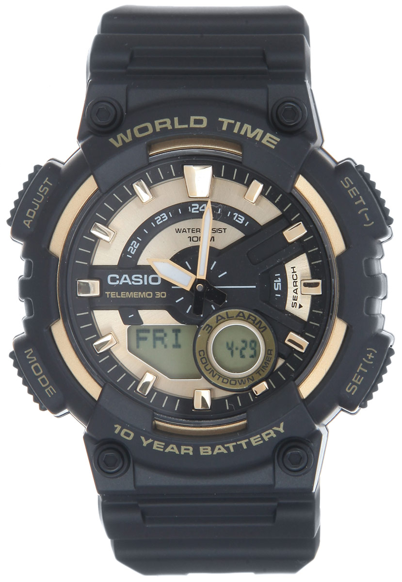 Часы наручные мужские Casio Collection, цвет: черный, золотой. AEQ-110BW-9AAEQ-110BW-9A Часы наручные мужские Casio Collection, цвет: черный, золотой. AEQ-110BW-9AAEQ-110BW-9AМногофункциональные мужские часы Casio Collection, выполнены из пластика, металлического сплава и полимерного материала. Корпус часов оформлен символикой бренда. Часы оснащены ударопрочным корпусом с электронно-механическим механизмом, имеют степень влагозащиты равную 10 BAR. Браслет часов оснащен застежкой-пряжкой, которая позволит с легкостью снимать и надевать изделие. Корпус часов оснащен стрелками с светящимся составом. Дополнительные функции: таймер, будильник, функция повтора будильника, секундомер, функция мирового времени, автоматический календарь, отображение времени в 12-часовом или 24-часовом формате. Часы дополнены оригинальной и практичной функцией записная книжка, которая позволит сохранить 30 записей. Каждая запись может включать в себя текст из 8 букв и 12 цифр. Часы поставляются в фирменной упаковке. Многофункциональные часы Casio Collection подчеркнут отменное чувство стиля своего обладателя.