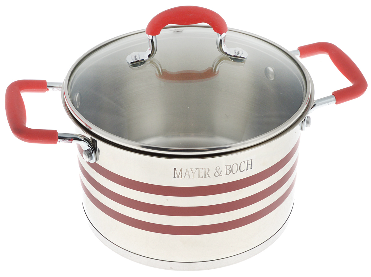 Кастрюля Mayer & Boch с крышкой, цвет: стальной, прозрачный, красный, 3,8 л24046 Кастрюля Mayer & Boch с крышкой, цвет: стальной, прозрачный, красный, 3,8 л24046Кастрюля Mayer & Boch изготовлена из высококачественной нержавеющей стали 18/10, которая придает ей привлекательный внешний вид, обеспечивает легкую очистку и долговечность. Многослойное термоаккумулирующее дно кастрюли с прослойкой из алюминия обеспечивает наилучшее распределение тепла. Ручки, оснащенные силиконовой накладкой, не перегреваются во время приготовления пищи. Крышка, выполненная из термостойкого стекла, позволяет следить за процессом приготовления пищи. Она оснащена отверстием для выхода пара и металлическим ободом. Форма кромки кастрюли предотвращает разливание жидкости, а благодаря правильности линий кромки в комбинации с крышкой обеспечивается максимальная герметизация между ними. Подходит для всех типов плит, включая индукционные. Можно мыть в посудомоечной машине. Яркий дизайн этой кастрюли придется по вкусу даже самой требовательной хозяйке. Диаметр кастрюли: 20 см. Ширина кастрюли (с...