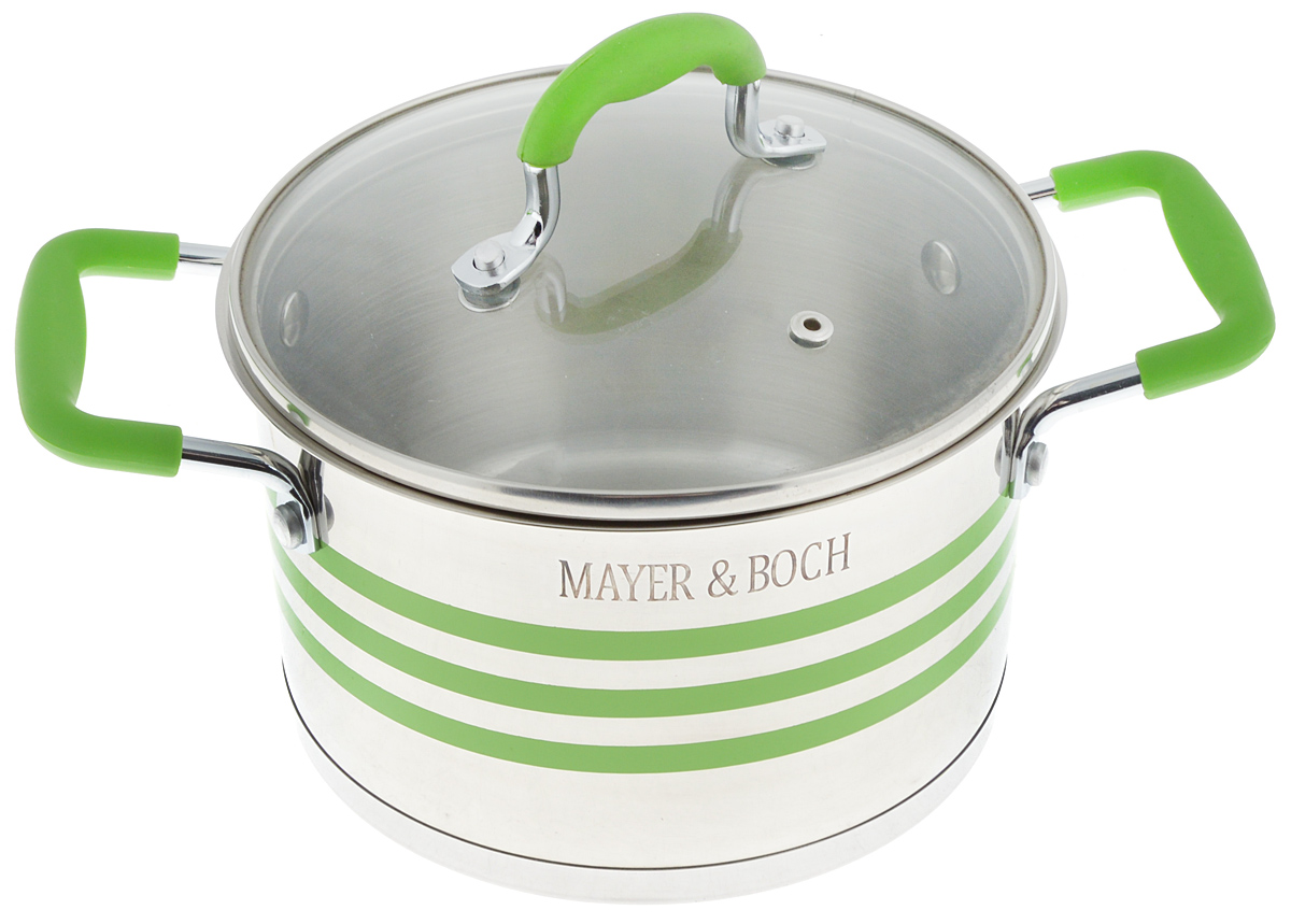 Кастрюля Mayer & Boch с крышкой, цвет: стальной, прозрачный, зеленый, 3,8 л24056 Кастрюля Mayer & Boch с крышкой, цвет: стальной, прозрачный, зеленый, 3,8 л24056Кастрюля Mayer & Boch изготовлена из высококачественной нержавеющей стали 18/10, которая придает ей привлекательный внешний вид, обеспечивает легкую очистку и долговечность. Многослойное термоаккумулирующее дно кастрюли с прослойкой из алюминия обеспечивает наилучшее распределение тепла. Ручки, оснащенные силиконовой накладкой, не перегреваются во время приготовления пищи. Крышка, выполненная из термостойкого стекла, позволяет следить за процессом приготовления пищи. Она оснащена отверстием для выхода пара и металлическим ободом. Форма кромки кастрюли предотвращает разливание жидкости, а благодаря правильности линий кромки в комбинации с крышкой обеспечивается максимальная герметизация между ними. Подходит для всех типов плит, включая индукционные. Можно мыть в посудомоечной машине. Яркий дизайн этой кастрюли придется по вкусу даже самой требовательной хозяйке. Диаметр кастрюли: 20 см. Ширина кастрюли (с...