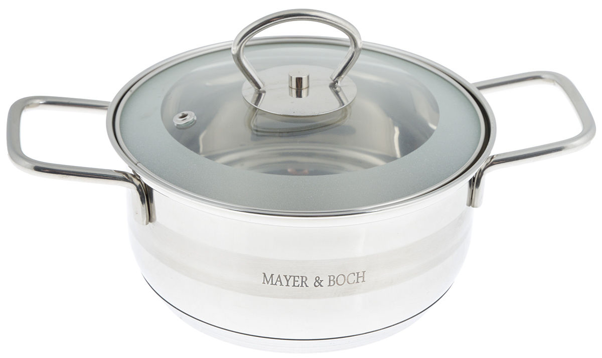 Кастрюля Mayer & Boch с крышкой, 1,6 л. 2540625406 Кастрюля Mayer & Boch с крышкой, 1,6 л. 2540625406Кастрюля Mayer & Boch изготовлена из высококачественной нержавеющей стали. Комбинация матовой и зеркальной полировки внешнего покрытия придает изделию особо эстетичный и стильный вид. Изделие предназначено для здорового и экологичного приготовления пищи. Внутренняя гладкая поверхность легко чистится - можно мыть в воде руками или протирать полотенцем. Кастрюля имеет трехслойное капсульное дно, которое обеспечивает быстрый подогрев пищи, а также сохранит тепло. Кастрюля оснащена двумя удобными ручками. Крышка из термостойкого стекла снабжена металлическим ободом, удобной ручкой и отверстием для выпуска пара. Такая крышка позволяет следить за процессом приготовления пищи без потери тепла. Она плотно прилегает к краю кастрюли, сохраняя аромат блюд. Внутренние стенки кастрюли имеют отметки литража. Подходит для всех типов плит, включая индукционные. Не предназначена для СВЧ-печей. Можно мыть в посудомоечной машине. Подходит для...
