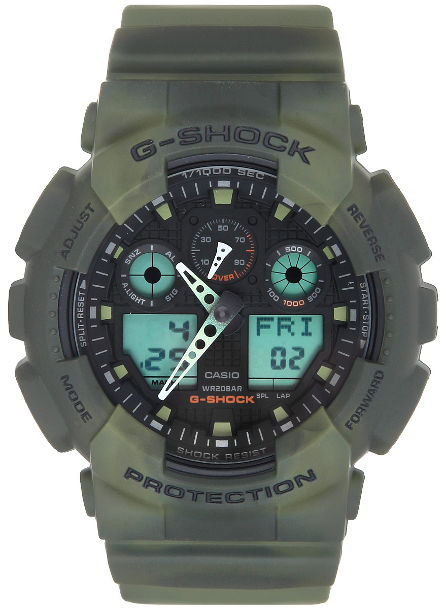 Часы наручные мужские Casio G-Shock, цвет: зеленый. GA-100MM-3AGA-100MM-3A Часы наручные мужские Casio G-Shock, цвет: зеленый. GA-100MM-3AGA-100MM-3AМногофункциональные мужские часы Casio G-Shock, выполнены из минерального стекла, металлического сплава и полимерного материала. Корпус часов оформлен символикой бренда. Часы оснащены ударопрочным корпусом с защитой от воздействия магнитных полей и электронно-механическим механизмом, имеют степень влагозащиты равную 20 BAR, а также дополнены устойчивым к царапинам минеральным стеклом. Браслет часов оснащен застежкой-пряжкой, которая позволит с легкостью снимать и надевать изделие. Корпус часов дополнен мощной светодиодной подсветкой. Дополнительные функции: таймер, будильник, функция повтора будильника, секундомер, функция мирового времени, автоматический календарь, отображение времени в 12-часовом или 24-часовом формате, функция отображения скорости. Часы поставляются в фирменной упаковке. Многофункциональные часы Casio G-Shock подчеркнут отменное чувство стиля своего обладателя.