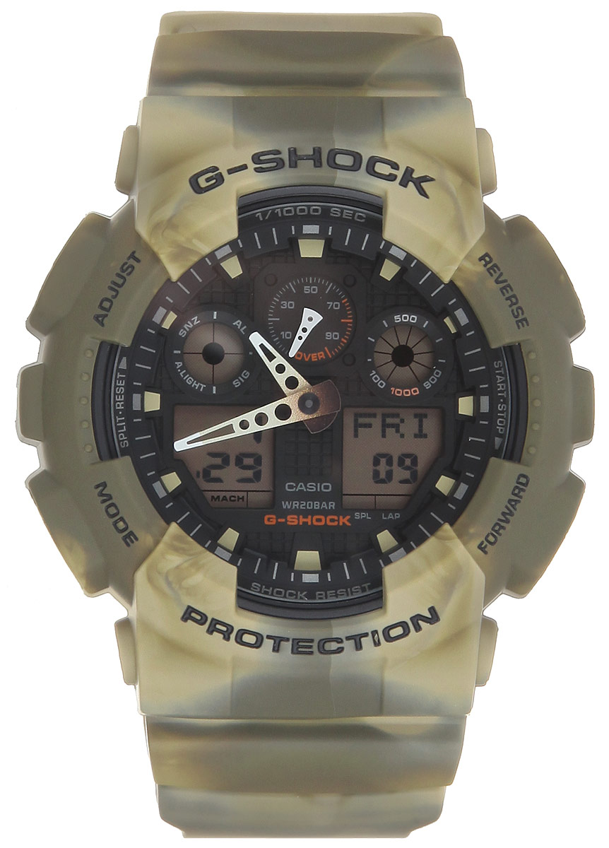 Часы наручные мужские Casio G-Shock, цвет: хаки. GA-100MM-5AGA-100MM-5A Часы наручные мужские Casio G-Shock, цвет: хаки. GA-100MM-5AGA-100MM-5AМногофункциональные мужские часы Casio G-Shock, выполнены из минерального стекла, металлического сплава и полимерного материала. Корпус часов оформлен символикой бренда. Часы оснащены ударопрочным корпусом с защитой от воздействия магнитных полей и электронно-механическим механизмом, имеют степень влагозащиты равную 20 BAR, а также дополнены устойчивым к царапинам минеральным стеклом. Браслет часов оснащен застежкой-пряжкой, которая позволит с легкостью снимать и надевать изделие. Корпус часов дополнен мощной светодиодной подсветкой. Дополнительные функции: таймер, будильник, функция повтора будильника, секундомер, функция мирового времени, автоматический календарь, отображение времени в 12-часовом или 24-часовом формате, функция отображения скорости. Часы поставляются в фирменной упаковке. Многофункциональные часы Casio G-Shock подчеркнут отменное чувство стиля своего обладателя.