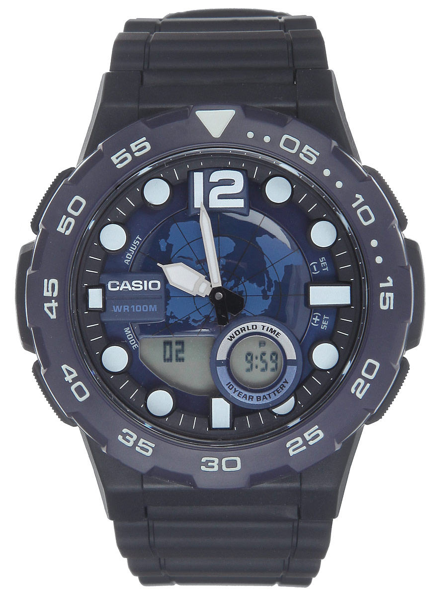 Часы наручные мужские Casio Collection, цвет: черный, синий. AEQ-100W-2AAEQ-100W-2A Часы наручные мужские Casio Collection, цвет: черный, синий. AEQ-100W-2AAEQ-100W-2AМногофункциональные мужские часы Casio Collection, выполнены из минерального стекла, металлического сплава и полимерного материала. Корпус часов оформлен символикой бренда. Часы оснащены ударопрочным корпусом с электронно-механическим механизмом, имеют степень влагозащиты равную 10 BAR, а также дополнены устойчивым к царапинам минеральным стеклом. Браслет часов оснащен застежкой-пряжкой, которая позволит с легкостью снимать и надевать изделие. Корпус часов оснащен стрелками с светящимся составом. Дополнительные функции: таймер, будильник, функция повтора будильника, секундомер, функция мирового времени, автоматический календарь, отображение времени в 12-часовом или 24-часовом формате. Часы дополнены оригинальной и практичной функцией записная книжка, которая позволит сохранить 30 записей. Каждая запись может включать в себя текст из 8 букв и 12 цифр. Часы поставляются в фирменной упаковке. Многофункциональные часы Casio Collection подчеркнут отменное...
