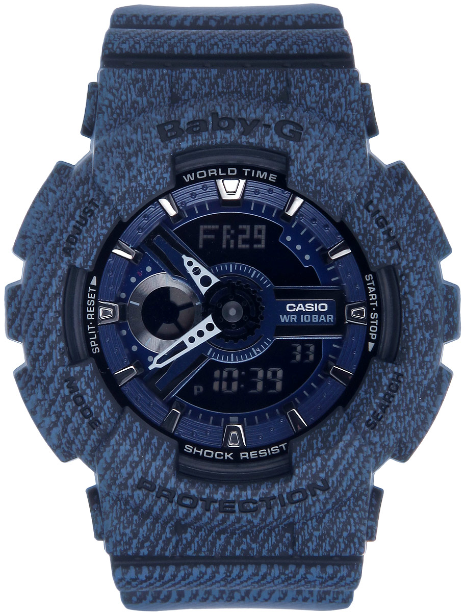 Часы наручные женские Casio Baby-G, цвет: синий. BA-110DC-2A1BA-110DC-2A1 Часы наручные женские Casio Baby-G, цвет: синий. BA-110DC-2A1BA-110DC-2A1Многофункциональные часы Casio Baby-G, выполнены из металлического сплава, минерального стекла и полимерного материала. Часы оригинальной расцветки оформлены символикой бренда. Часы оснащены ударопрочным корпусом с электронно-механическим механизмом, имеют степень влагозащиты равную 10 BAR. Браслет часов оснащен застежкой-пряжкой, которая позволит с легкостью снимать и надевать изделие. Корпус часов оснащен светодиодной подсветкой. Дополнительные функции: таймер, будильник, функция повтора будильника, секундомер, функция мирового времени, автоматический календарь, отображение времени в 12-часовом или 24-часовом формате, функция включения/отключения звука кнопок. Часы поставляются в фирменной упаковке. Многофункциональные часы Casio Baby-G станут незаменимым аксессуаром для занятий спортом.