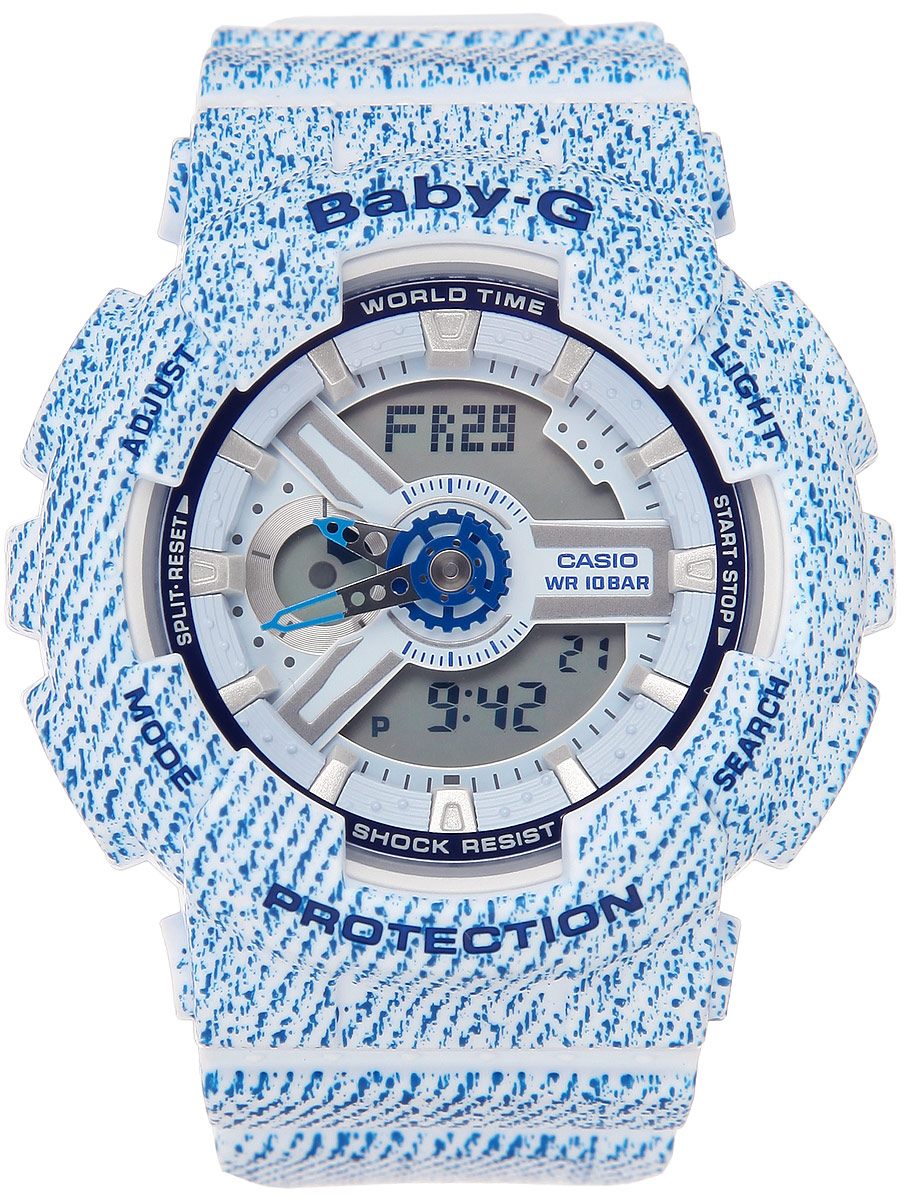 Часы наручные женские Casio Baby-G, цвет: голубой. BA-110DC-2A3BA-110DC-2A3 Часы наручные женские Casio Baby-G, цвет: голубой. BA-110DC-2A3BA-110DC-2A3Многофункциональные часы Casio Baby-G, выполнены из металлического сплава, минерального стекла и полимерного материала. Часы оригинальной расцветки оформлены символикой бренда. Часы оснащены ударопрочным корпусом с электронно-механическим механизмом, имеют степень влагозащиты равную 10 BAR. Браслет часов оснащен застежкой-пряжкой, которая позволит с легкостью снимать и надевать изделие. Корпус часов оснащен светодиодной подсветкой. Дополнительные функции: таймер, будильник, функция повтора будильника, секундомер, функция мирового времени, автоматический календарь, отображение времени в 12-часовом или 24-часовом формате, функция включения/отключения звука кнопок. Часы поставляются в фирменной упаковке. Многофункциональные часы Casio Baby-G станут незаменимым аксессуаром для занятий спортом.