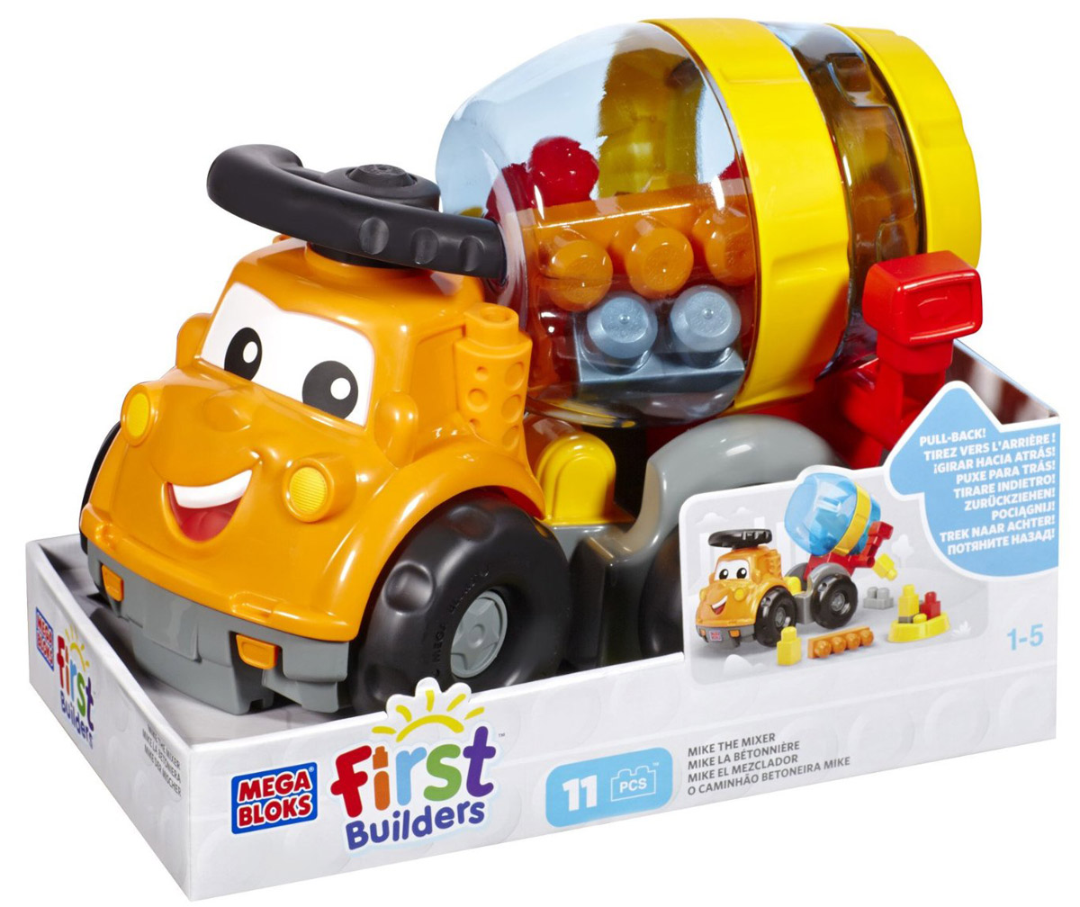 Mega Bloks First Builders Конструктор Бетономешалка МайкCND67 Mega Bloks First Builders Конструктор Бетономешалка МайкCND67Конструктор Mega Bloks First Builders Бетономешалка Майк готов к работе! Этот большой управляемый грузовик отлично подойдет маленьким строителям с большими планами! Держа машинку за прочные ручки, ваш малыш может без устали гонять по стройке. Наполните бетономешалку входящими в комплект блоками, перемешайте их как следует и выгрузите на подходящей площадке, чтобы затем приступить к строительству. Все детали очень крупные, поэтому они не смогут навредить малышу, а играть с ними очень удобно. Бетономешалка имеет удобный руль для управления; прочная машинка способна выдержать тяжелые условия стройки. Совместим со всеми наборами Mega Bloks First Builders.