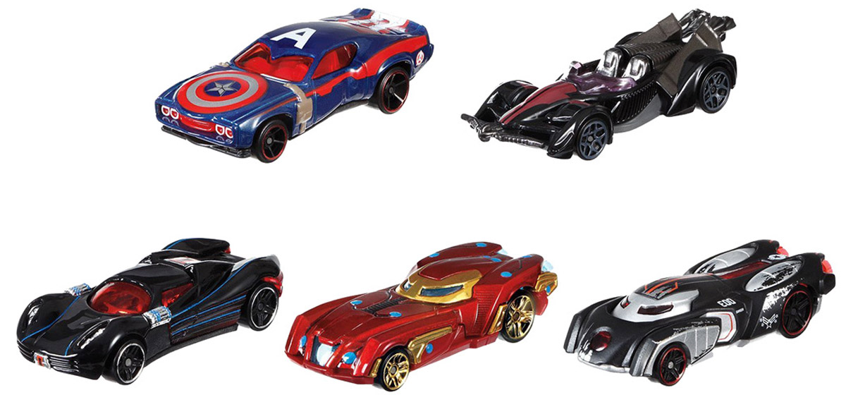 Hot Wheels Avengers Набор машинок Капитан Америка Гражданская война 5 штDJT61 Hot Wheels Avengers Набор машинок Капитан Америка Гражданская война 5 штDJT61Железный человек и другие супергерои и злодеи из фильма Первый мститель. Гражданская война послужили вдохновением для новых машинок Hot Wheels. Они готовы к новым высокоскоростным приключениям! У каждого автомобиля свой неповторимый дизайн и уникальные элементы, соответствующие их прототипам из вселенной Marvel. Игрушки изготовлены из высококачественного пластика с металлическими элементами. Колесики машинок имеют свободный ход. Ваш ребенок будет с удовольствием играть с этим набором, придумывая различные истории. Порадуйте его таким замечательным подарком!
