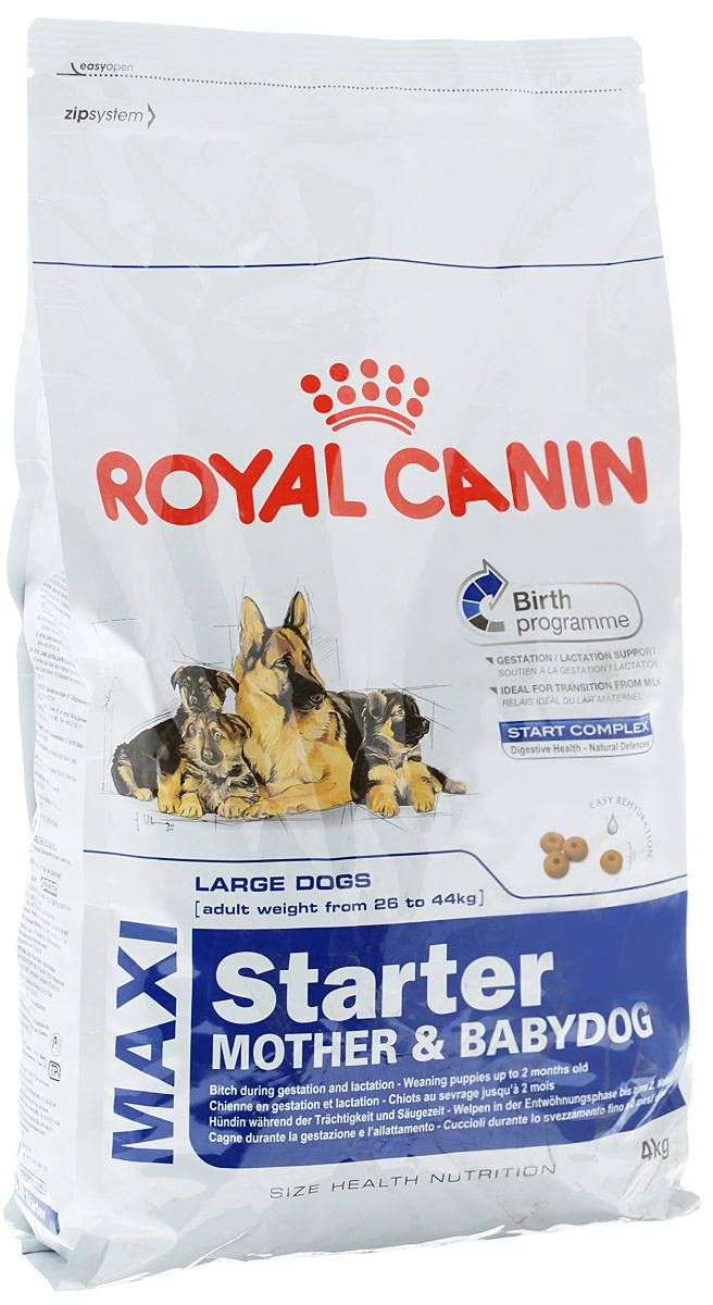 Корм сухой Royal Canin Maxi Starter. Mother & Babydog, для беременных собак весом от 26 кг до 44 кг и щенков, 4 кг33180 Корм сухой Royal Canin Maxi Starter. Mother & Babydog, для беременных собак весом от 26 кг до 44 кг и щенков, 4 кг33180Корм сухой Royal Canin Maxi Starter. Mother & Babydog - полнорационный сухой корм для щенков крупных размеров в период отъема до 2-месячного возраста и для собак в последней трети беременности и во время лактации. Основанная на данных профессиональных исследований, программа рождения - это уникальное диетологическое решение, которое удовлетворяет потребности собаки и ее щенков на пяти этапах жизненного цикла: беременность, рождение, лактация, отъем и рост до 2 месяцев. Продукт современной науки от Royal Canin Maxi Starter. Mother & Babydog - это эксклюзивная комбинация питательных веществ, имеющихся в молоке матери, усиленная дополнительными веществами, которые активно способствуют безопасности пищеварения и укрепляют естественный иммунитет щенков. Диетологическое решение, адаптированное к высоким потребностям собаки в конце периода беременности и во время лактации. Диетологическое решение, которое облегчает перевод щенка с молока матери на ...