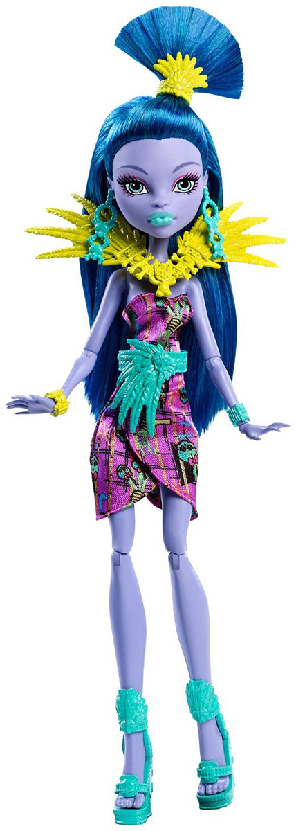 Monster High Кукла Джейн БулиттлDKX98_DKX99 Monster High Кукла Джейн БулиттлDKX98_DKX99Настоящая королева джунглей - кукла Monster High Джейн Булиттл - предстает в совершенно необычном облике. Она настолько яркая и экзотичная, что просто невозможно налюбоваться. Фиолетовое платье, желтые и бирюзовые аксессуары прекрасно сочетаются со светло-фиалковой кожей и сине-бирюзовыми волосами. Подвижные плечи, локти, колени и голова позволят придавать кукле различные позы. Отправляйтесь на каникулы в тропические страны вместе с куклами из Школы монстров!