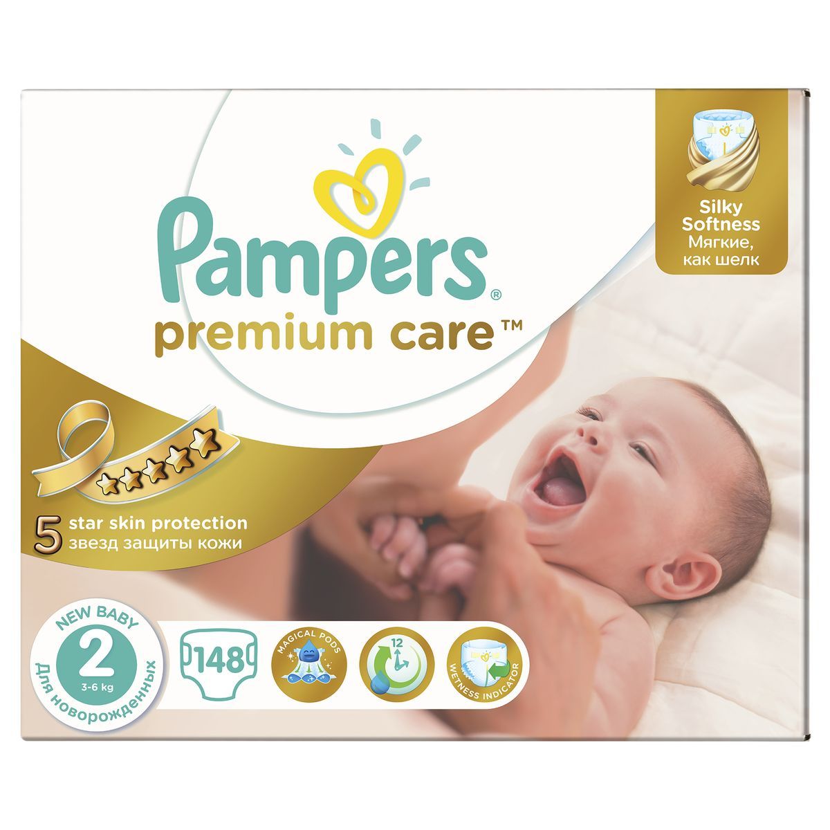 Pampers Подгузники Premium Care 3-6 кг (размер 2) 148 штPA-81553052 Pampers Подгузники Premium Care 3-6 кг (размер 2) 148 штPA-81553052Новые Pampers Premium Care - подгузники, которые обеспечивают защиту кожи 5 звезд и дарят непревзойденную мягкость шелка. Это первые и единственные подгузники с впитывающими каналами, обеспечивающими до 12 часов сухости. - Мягкие, как шелк, ведь нежная ромбовидная текстура внутреннего слоя создает ощущение первоклассной мягкости и воздушности. - Уникальная технология впитывающего слоя - три впитывающих канала - помогает равномерно распределять влагу по поверхности подгузника, обеспечивая сухость до 12 часов. - Дышащие материалы, благодаря которым внешний слой Premium Care обеспечивает естественную циркуляцию воздуха, снижая уровень испарений внутри подгузника, и, как следствие, уменьшая риск возникновения дерматита. - Индикатор влаги - специальная полоска, которая меняет желтый цвет на синий, - подсказывает, когда нужно сменить подгузник. - Эластичные тянущиеся боковинки для максимального комфорта и защиты от протекания. - Специальный вырез...