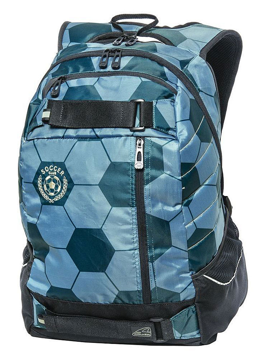 Walker Рюкзак Wingman Soccer Club Petrol42408/64 Walker Рюкзак Wingman Soccer Club Petrol42408/64Рюкзак Walker Wingman Soccer Club Petrol - это современный многофункциональный молодежный рюкзак, который выполнен из прочного износостойкого материала высокого качества. Рюкзак имеет два основных отделения, закрывающихся на молнии. Внутри одного отделения находится большой открытый карман на резинке. По бокам рюкзака расположены открытые накладные карманы, стянутые резинками. Лицевая часть дополнена двумя врезными карманами на молниях и двумя ремнями на липучках. Рюкзак оснащен петлей для подвешивания. На спинке рюкзака расположены два дополнительных мягких кармана на молниях. Уплотненная спинка и лямки помогают лучше распределить нагрузку и сохранить форму рюкзака независимо от его наполнения. Мягкие широкие лямки позволяют легко и быстро отрегулировать рюкзак в соответствии с ростом. Лямки дополнены грудной стяжкой на карабине.