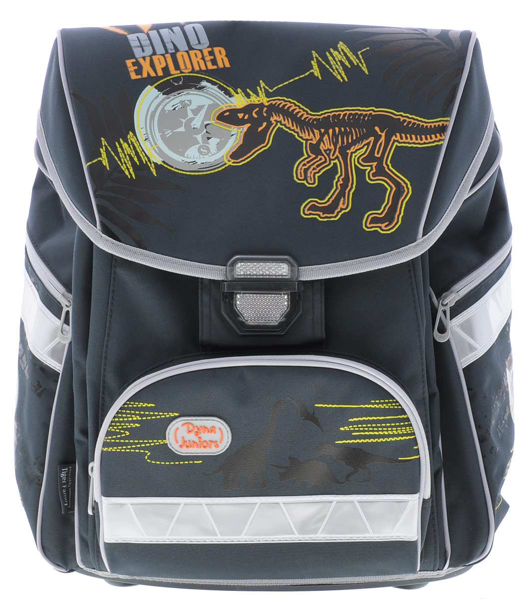 Tiger Family Ранец школьный Dino Explorer11109/B/TG Tiger Family Ранец школьный Dino Explorer11109/B/TGРанец школьный Tiger Family Dino Explorer выполнен из легкого материала, который обладает водонепроницаемостью. Ранец имеет одно основное отделение, закрывающееся клапаном на защелку. Клапан полностью откидывается, что существенно облегчает пользование ранцем. На внутренней части клапана находится прозрачный пластиковый кармашек, в который можно поместить данные о владельце ранца. Внутри главного отделения расположены две перегородки и пришивной карман на застежке-молнии. На лицевой стороне ранца расположен накладной карман на застежке-молнии. По бокам ранца размещены два дополнительных кармана на молнии. Ортопедическая спинка, созданная по специальной технологии из дышащего материала, равномерно распределяет нагрузку на плечевые суставы и спину. В нижней части спинки расположен поясничный упор - небольшой валик, на который при правильном ношении ранца будет приходиться основная нагрузка. Ранец оснащен петлей для подвешивания и двумя широкими лямками, регулируемой длины. У...