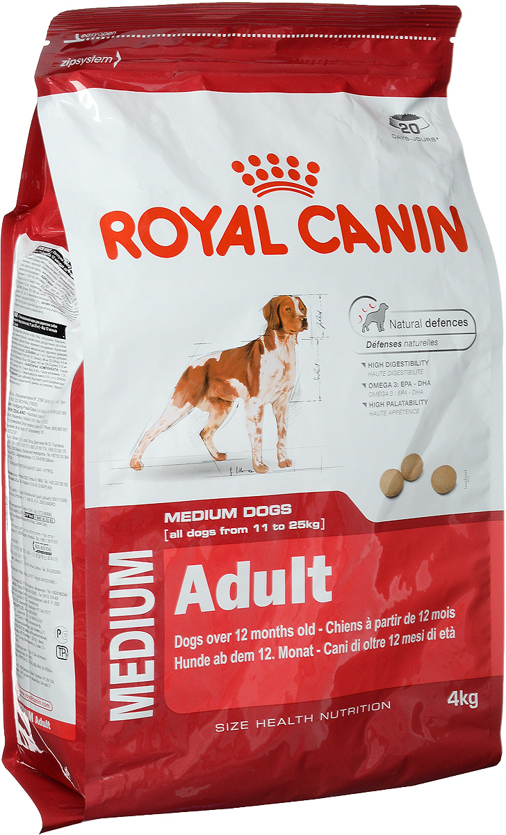 Корм сухой Royal Canin Medium Adult для взрослых собак средних пород, 4 кг00585 Корм сухой Royal Canin Medium Adult для взрослых собак средних пород, 4 кг00585Корм сухой Royal Canin Medium Adult - полноценный корм для взрослых собак средних размеров (весом от 11 до 25 кг) в возрасте от 12 месяцев до 7 лет. Особенности: - Естественные механизмы защиты Поддерживает естественные защитные силы организма собаки, благодаря запатентованному комплексу антиоксидантов и маннаноолигосахаридов. - Высокая усвояемость Способствует оптимальному перевариванию пищи, благодаря особой формуле с очень высоким содержанием белков и сбалансированным количеством пищевых волокон. - Жирные кислоты Омега 3: EPA - DHA Рацион обогащен жирными кислотами Омега-3 (EPA-DHA), помогающими поддерживать здоровое состояние кожи. - Высокая пищевая привлекательность Вызывает аппетит у собак средних размеров, благодаря тщательному подбору вкусов и ароматов. Состав: дегидратированные белки животного происхождения (птица), кукурузная мука, кукуруза, пшеничная мука, животные жиры,...