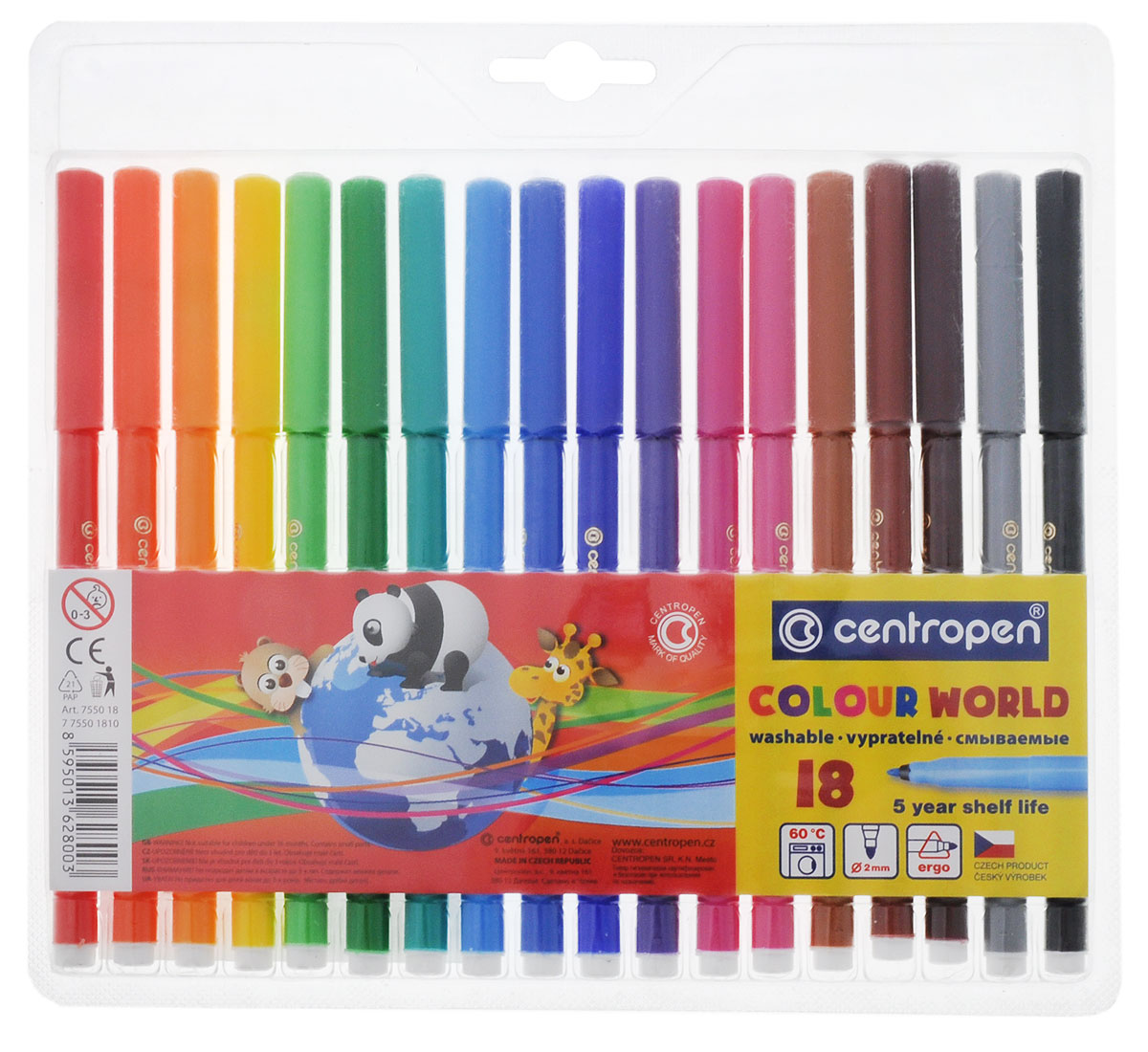 Centropen Набор смываемых фломастеров Colour World 18 цветов7550/18 TP_новый дизайн Centropen Набор смываемых фломастеров Colour World 18 цветов7550/18 TP_новый дизайнЦветные смываемые фломастеры Centropen Colour World с вентилируемым колпачком и треугольной зоной захвата предназначены для письма и рисования. Фломастеры легко смываются с рук даже холодной водой и очень легко отстирываются. Корпус выполнен из полипропилена, поэтому фломастеры сохраняют свои свойства, не высыхая, минимум 3 года. Набор состоит из 18 фломастеров.
