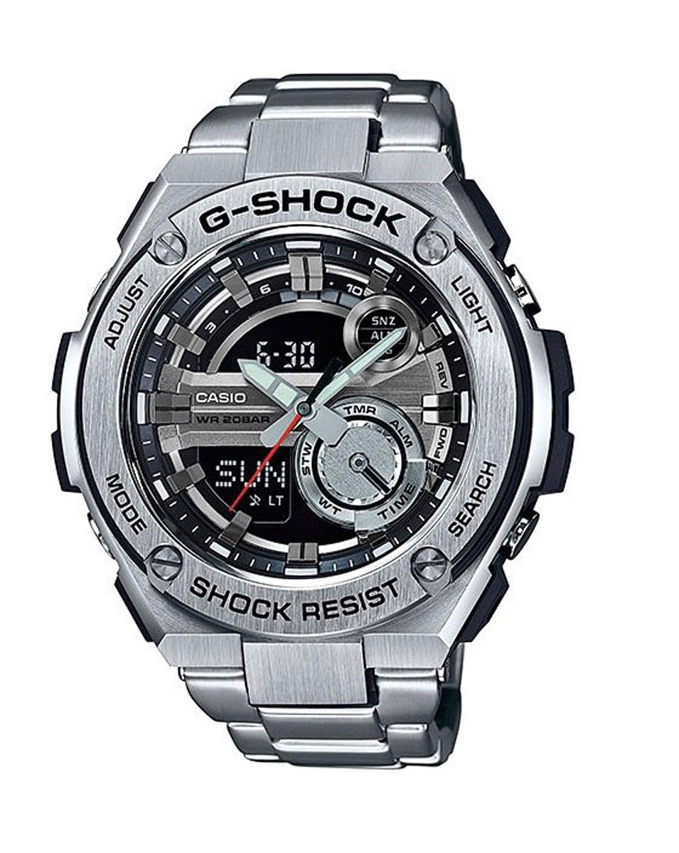 Наручные часы мужские Casio G-Shock, цвет: стальной, черный. GST-210D-1AGST-210D-1A Наручные часы мужские Casio G-Shock, цвет: стальной, черный. GST-210D-1AGST-210D-1AФункция мирового времени в 31 часовом поясе с обозначением 48 основных городов в этих временных зонах. Функция секундомера с точностью измерений 1/100 сек. и общим временем 24 часа. Режимы Add и Split. Таймер обратного отчета с точность 1 секунда и диапазоном от 1 минуты до 60 минут. Пять ежедневных будильников, один с функцией автоповтора «snooze» и ежечасный сигнал. Включение/выключение звука кнопок Автоматический календарь с возможностью настройки даты до 2099 года. Отображение времени в 12/24-часовом формате. Сверх яркая электрическая подсветка с регулируемым временем свечения от 1,5 до 3 секунд. Автоматическая светодиодная LED-подсветка дисплея активируется как при нажатии соответствующей кнопки, так и при подъеме и повороте руки при недостаточной освещенности. Фронтальная поверхность корпуса из нержавеющей стали 316L, поверхности с матовой шлифовкой (сатинированием). Размеры корпуса: ширина - 52,4 мм, высота - 59,1 мм и толщина - 16,1 мм. Вес приблизительно 111 грамм (195 грамм...