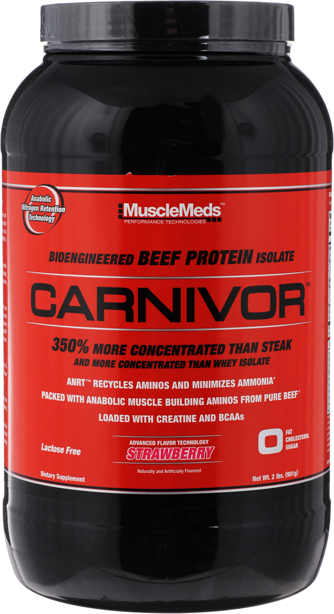 Протеин MuscleMeds Carnivor, клубника, 908 г0891597003761 Протеин MuscleMeds Carnivor, клубника, 908 г0891597003761Протеин MuscleMeds Carnivor - высокоанаболическая белковая добавка для увеличения мускулатуры. Это первый в мире и самый продаваемый изолят белка из говядины. Благодаря говядине увеличивается масса и сила мышц. Принимая такой протеин ваш средний показатель прироста мышечной массы, составит почти 3,5 килограмма, а также и увеличение силы. Особенности протеина: - на 350% более концентрированный, чем стейк; - более концентрированный, чем изолят из сыворотки; - ANRT: рециркуляция аминокислот и снижение уровня аммиака; - богат аминокислотами, нужными для роста мышц, извлеченными из чистой говядины; - содержит креатин и аминокислоты с разветвленными боковыми цепями (BCAA). Состав: гидролизованный изолят говяжьего протеина, моногидрат креатина, BCAA, GKG, OKG, AKG, KIC, мальтодекстрин, гидролизованный желатин, лимонная кислота, яблочная кислота, диоксид кремния, ацесульфам калия, сукралоза, краситель. Количество...