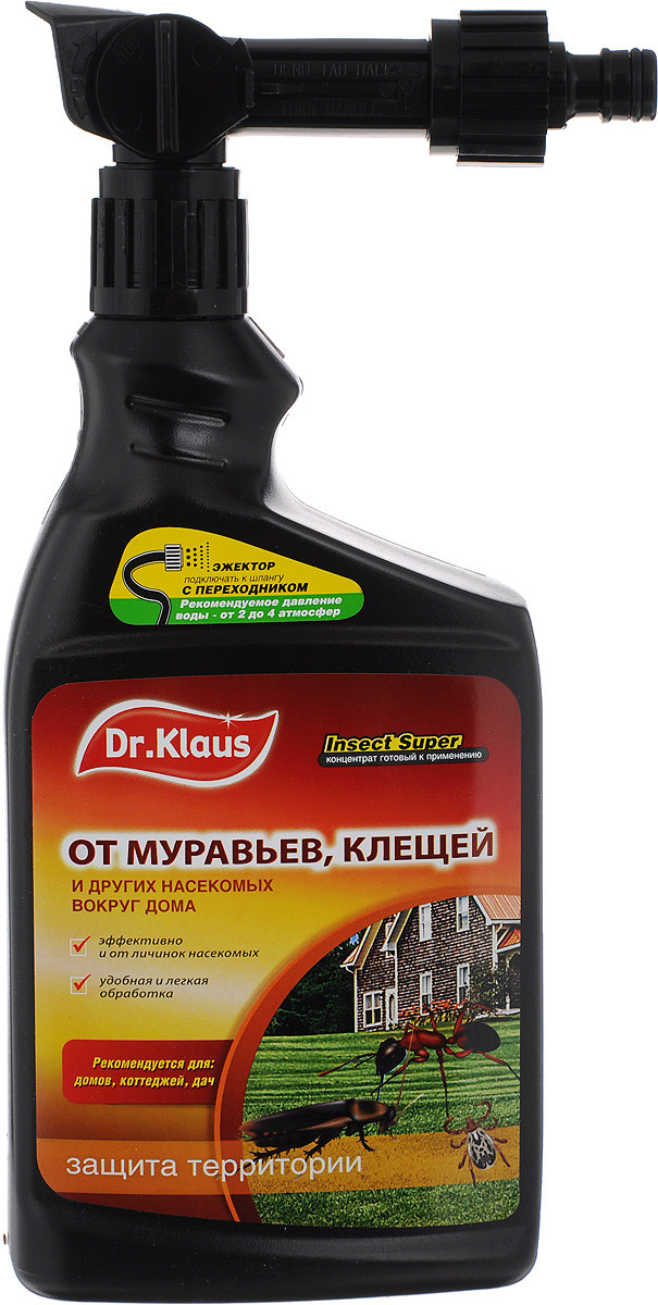Средство от муравьев, клещей и других насекомых Dr.Klaus Insect Super, концентрат, с эжектором, 1 лDK06230011 Средство от муравьев, клещей и других насекомых Dr.Klaus Insect Super, концентрат, с эжектором, 1 лDK06230011Концентрированное средство Dr.Klaus Insect Super используется для уничтожения муравьев, клещей, блох, тараканов и других насекомых вокруг дачи, коттеджа, на террасах, верандах, стенах, фундаменте, дорожках, дворовой территории. Эффективно борется с такими вредителями как: майский жук, совки, клеверный клещ, проволочники (жуки-щелкуны), тли, трипсы, паутинные клещи, белокрылки, луговой мотылек, листоеды, пилильщики, кольчатый коконопряд, непарный шелкопряд, лунка серебристая, мешочница поденкоподобная, златогузка, шелкопряд-монашенка, лубоед сосновый большой, коконопряд американский, горностаевая моль. Состав: 0,10% лямбда-цигалотрин, синергист, стабилизатор, эмульгатор, вода. Товар сертифицирован.