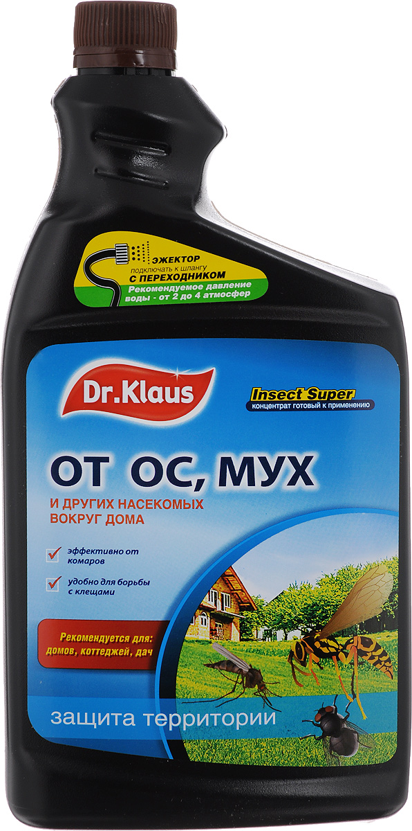 Средство от мух, ос и других насекомых Dr.Klaus Insect Super, концентрат, сменный флакон, 1 лDK04240011 Средство от мух, ос и других насекомых Dr.Klaus Insect Super, концентрат, сменный флакон, 1 лDK04240011Концентрированное средство Dr.Klaus Insect Super используется для уничтожения ос, мух, комаров, мошек, клещей и других насекомых вокруг дачи, коттеджа, на террасах, верандах, стенах, фундаменте, дорожках, дворовой территории. Эффективно борется с такими вредителями как: майский жук, совки, цикадки, минирующие насекомые, трипсы, белокрылки, луговой мотылек, листоеды, пилильщики, кольчатый коконопряд, непарный шелкопряд, лунка серебристая, мешочница поденкоподобная, златогузка, шелкопряд-монашенка, лубоед сосновый большой, коконопряд американский, горностаевая моль. Состав: 0,06% лямбда-цигалотрин, синергист, стабилизатор, эмульгатор, вода. Товар сертифицирован.