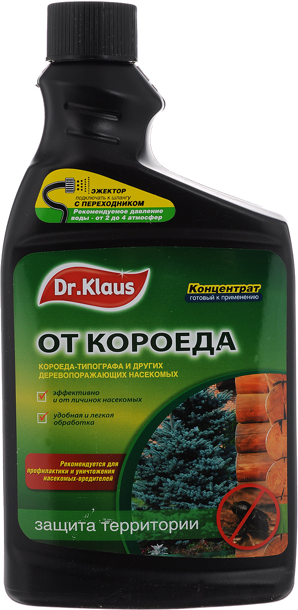 Средство от короеда Dr.Klaus, концентрат, сменный флакон, 1 лDK09240011 Средство от короеда Dr.Klaus, концентрат, сменный флакон, 1 лDK09240011Концентрированное средство Dr.Klaus предназначено для уничтожения деревопоражающих насекомых, а также их личинок на деревьях и кустарниках. Средство эффективно борется с рядом насекомых-вредителей: короед-типограф, узкотелая зеленая златка, гравер обыкновенный, лубоед малый сосновый, древесница въедливая, сосновая синяя златка, сосновый большой лубоед, вершинный короед, сосновый черный усач, хвойный большой рогохвост, сосновый большой долгоносик. Состав: лямбда-цигалотрин, трансфлутрин, стабилизатор, эмульгатор, вода. Товар сертифицирован.