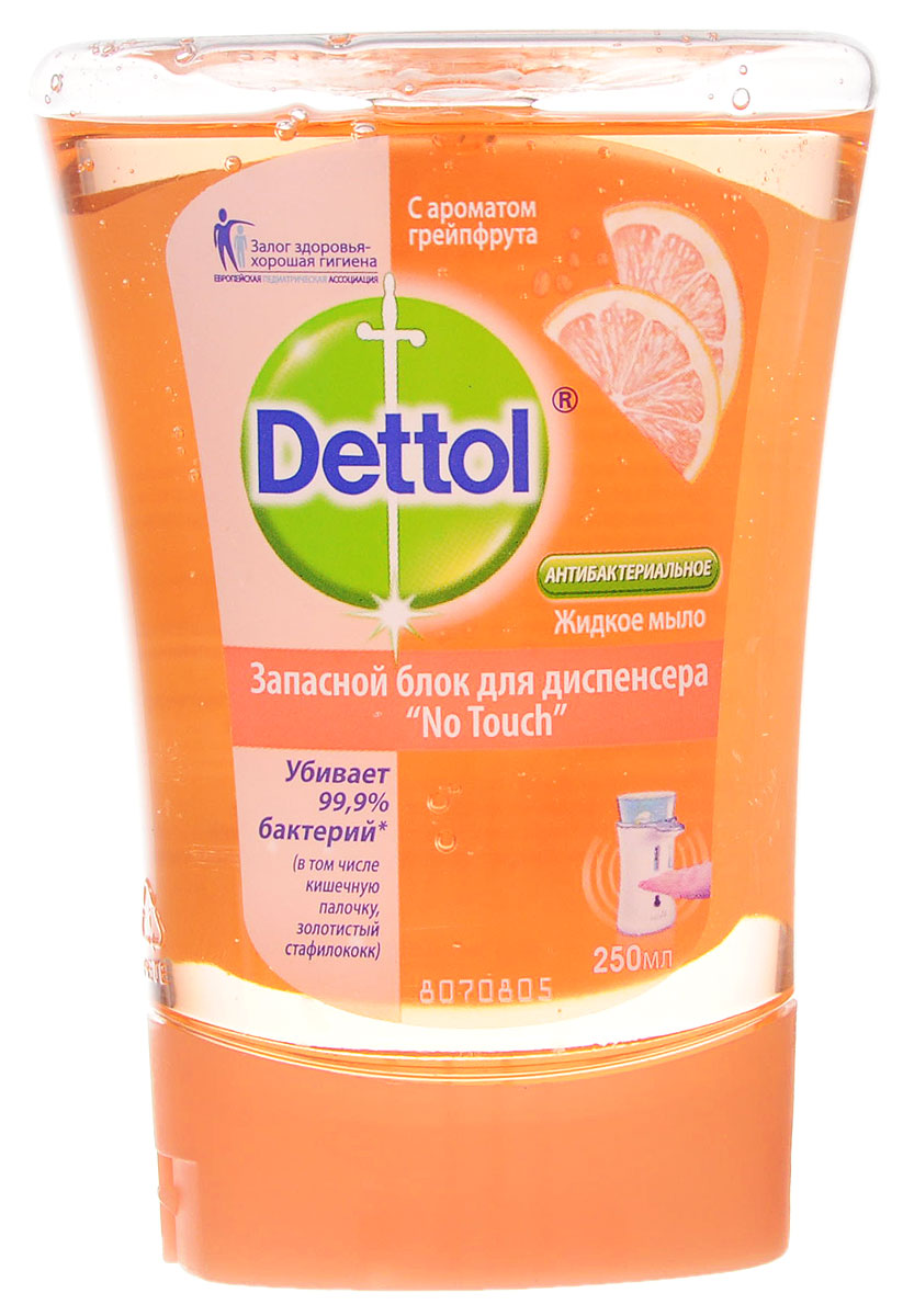 Запасной блок жидкого мыла Dettol, с ароматом грейпфрута, 250 мл0362165 Запасной блок жидкого мыла Dettol, с ароматом грейпфрута, 250 мл0362165Запасной блок жидкого мыла Dettol подходит для диспенсера с сенсорной системой No Touch. Диспенсер удобен в использовании, мыло дозируется автоматически, необходимо просто намочить руки и поднести их к сенсору диспенсера. Антибактериальное жидкое мыло для рук Dettol с ароматом грейпфрута содержит увлажняющие компоненты, которые заботятся о ваших руках, и одновременно убивают 99,9% бактерий. Характеристики: Объем: 250 мл. Производитель: Франция. Артикул: 0362165. Товар сертифицирован.