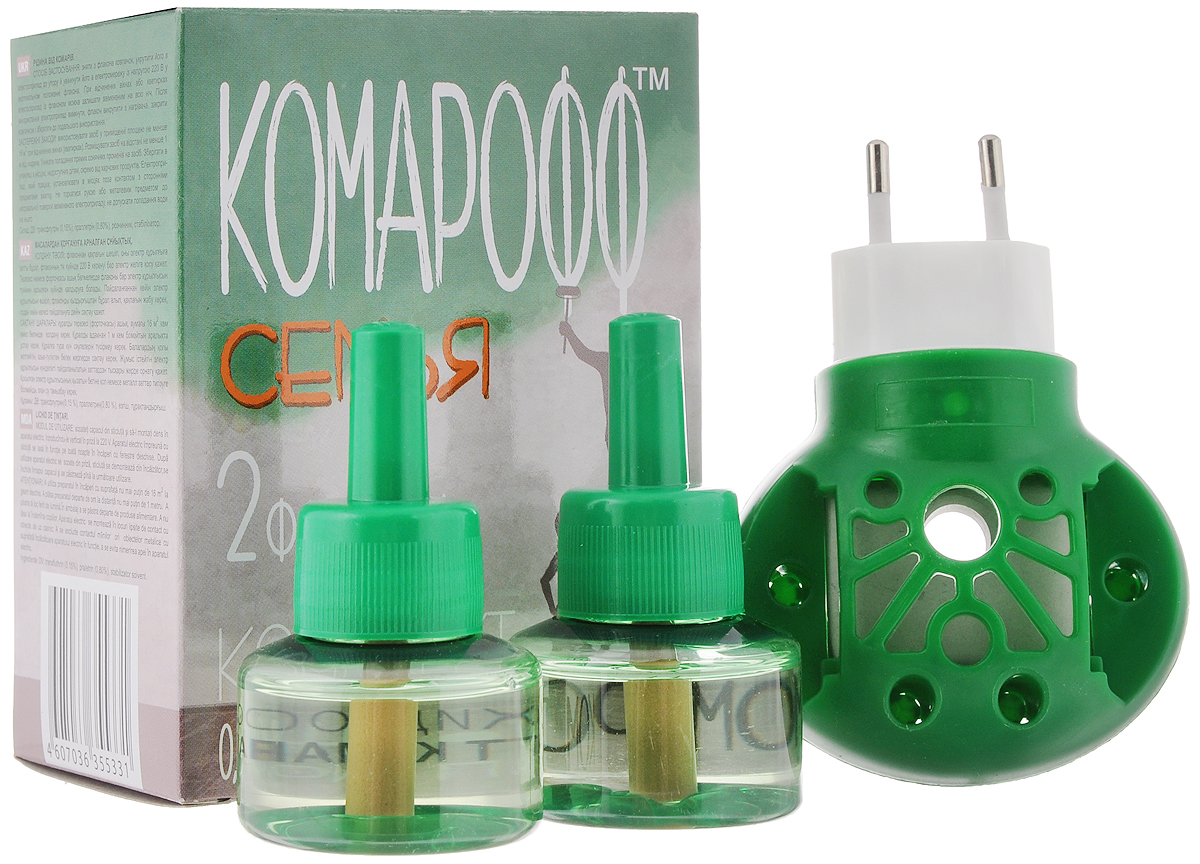 Фумигатор Комарофф Семья, универсальный, 2 флакона, без запаха, 90 ночейOF01060091 Фумигатор Комарофф Семья, универсальный, 2 флакона, без запаха, 90 ночейOF01060091Фумигатор Комарофф Семья используется для уничтожения комаров в помещениях площадью не менее 16 м2. Фумигатор с поворотной вилкой для жидкостных флаконов и пластин. Жидкость Комарофф Семья без запаха. Специально разработанная рецептура, без запаха, гарантирует безопасность и эффективность использования. Жидкость Комарофф Семья незаменима для уничтожения комаров и других летающих насекомых (москитов, мошек) в помещении. Один флакон жидкости обеспечивает надежную защиту от комаров на протяжении 90 ночей. Максимальный эффект достигается при использовании жидкости в комплекте с фумигатором Комарофф Семья. Объем жидкости: 30 мл. Комплектация: 2 флакона. Состав: ДВ: трансфлутрин 0,15%, праллетрин 0,80%, растворитель, стабилизатор. Количество ночей: 90. Товар сертифицирован.