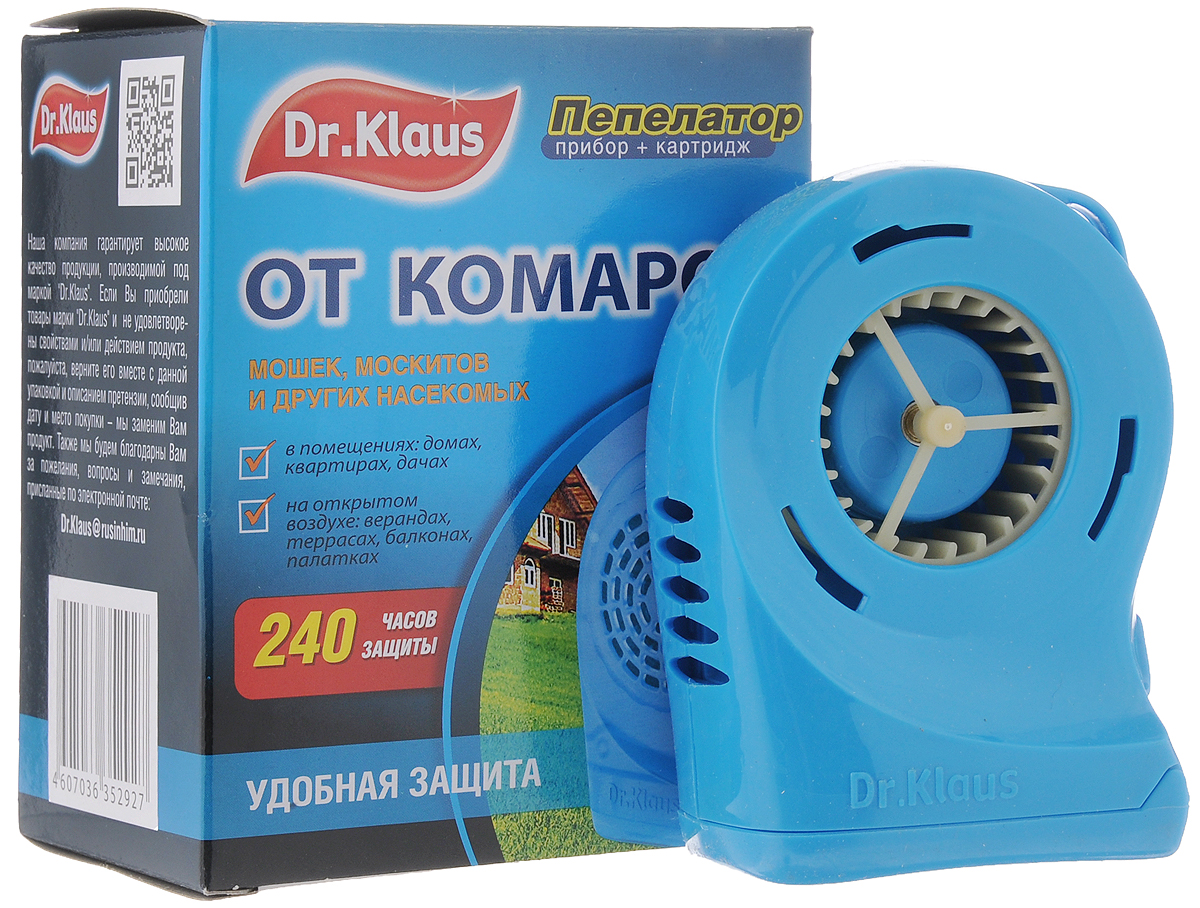 Пепелатор Dr.Klaus, прибор, кассета, 240 часов защитыDK34140031 Пепелатор Dr.Klaus, прибор, кассета, 240 часов защитыDK34140031Пепелатор Dr.Klaus средство для защиты от комаров и других летающих насекомых (москитов, мошек, мокрецов) на открытом воздухе (в лесу, парках, у водоемов, на приусадебных участках в безветренную погоду) и в проветриваемых помещениях, автомобилях, палатках. Во время использования пепелатора на открытом воздухе размещать его с наветренной стороны на расстоянии не более 1-2 м или прикрепить его с помощью клипсы к ремню, к одежде. Картридж рассчитан на 240 часов после использования первого комплекта устанавливают второй. Замена картриджа осуществляется после использования 4 шт. батареек. 240 часов защиты. После применения прибор и картридж необходимо хранить в герметичной упаковке или полиэтиленовом пакете до последующего использования. Комплектация: Пепелатор. Картридж. Инструкция. Состав: флайтрин (трансфлутрин технический) 30%, технологические добавки. Товар сертифицирован.