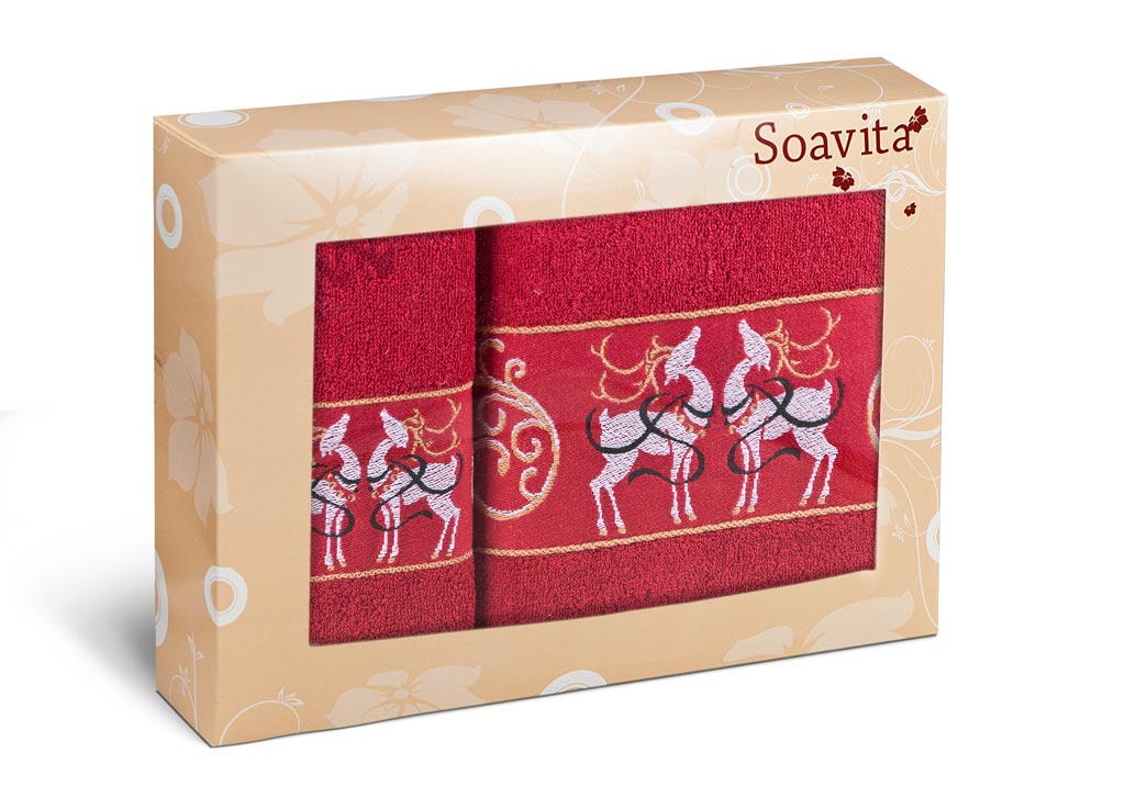 Набор махровых полотенец Soavita Deer, цвет: красный, 2 шт70363 Набор махровых полотенец Soavita Deer, цвет: красный, 2 шт70363Махровое полотно создается из хлопковых нитей, которые, в свою очередь, прядутся из множества хлопковых волокон. Чем длиннее эти волокна, тем прочнее будет нить, и, соответственно, изделие. Длина составляющих хлопковую нить волокон влияет и на фактуру получаемой ткани: чем они длиннее, тем мягче и пушистее получится махровое изделие, тем лучше будет впитывать изделие воду. Хотя на впитывающие качество махры – ее гигроскопичность, не в последнюю очередь влияет состав волокна. Мягкая махровая ткань отлично впитывает влагу и быстро сохнет.