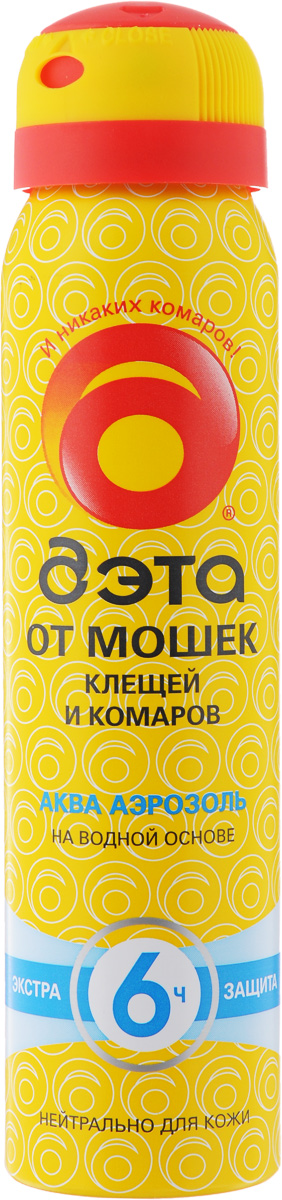 Аэрозоль от мошек, клещей и комаров Дэта Аква, 100 мл66705709 Аэрозоль от мошек, клещей и комаров Дэта Аква, 100 мл66705709Аэрозоль Дэта Аква обеспечивает надежную защиту от мошек, клещей, комаров, мокрецов, слепней и москитов до 5,84 часов. Удобная аэрозольная упаковка позволяет легко наносить средство на кожу и на одежду. Благодаря рецептуре на водной основе не сушит кожу. Не оставляет пятен. Не содержит спирт. Состав: 33,8% N,N-диэтил-m-толуамид, синергисты, пропиленгликоль, глицерин, эмульгатор, масло пихты, отдушка, консервант, вода, пропеллент углеводородный. Товар сертифицирован.