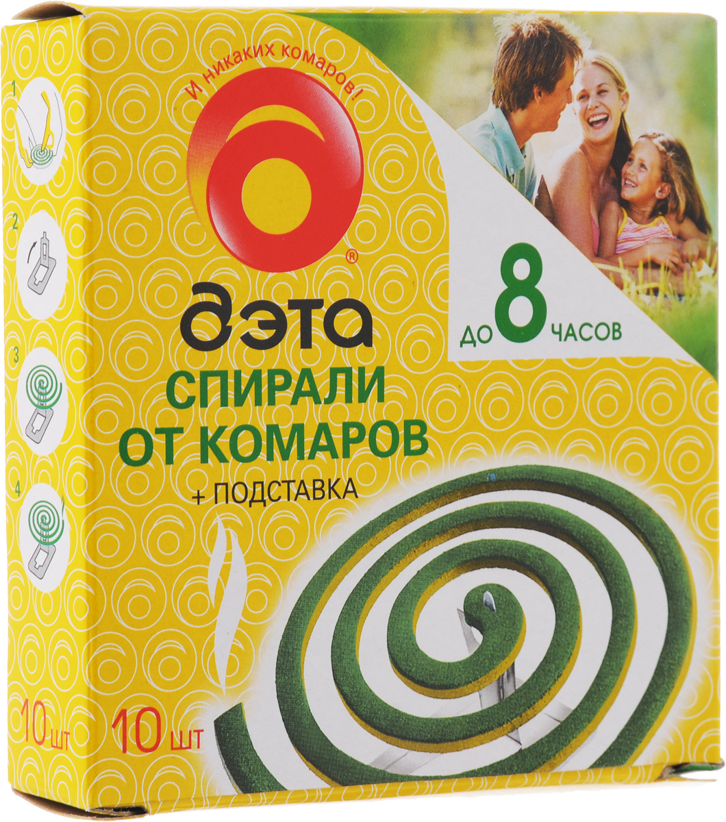 Спирали от комаров и летающих насекомых Дэта, 10 шт66700902_36 Спирали от комаров и летающих насекомых Дэта, 10 шт66700902_36Спирали Дэта незаменимы для комфортного и беззаботного отдыха на свежем воздухе с близкими и друзьями. Это отличное средство в борьбе с назойливыми комарами. Обеспечивает эффективную защиту: на улице, в палатке, в беседке, в квартире и в загородном доме. Спирали Дэта - это надежная защита от комаров для всей семьи. Состав: действующее вещество d-аллетрин 0,2%, краситель, окислитель, консервант, древесная мука. Комплектация: 10 шт. Товар сертифицирован.