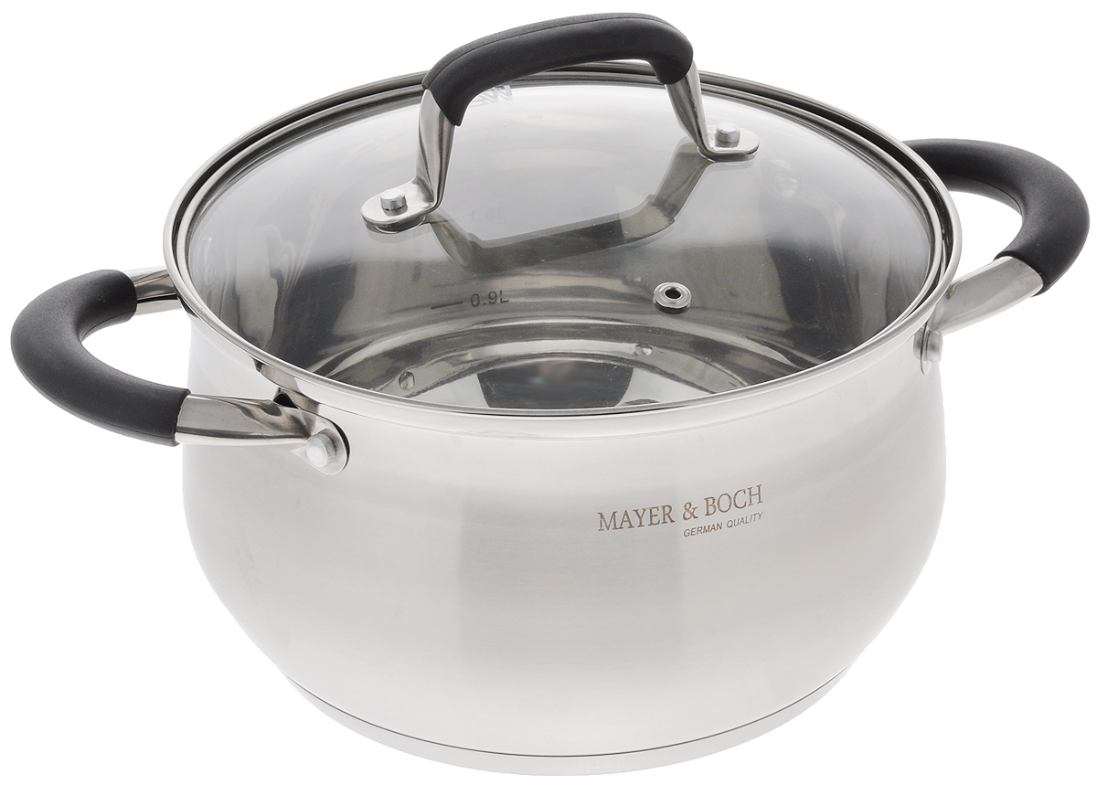 Кастрюля Mayer & Boch с крышкой, цвет: стальной, черный, прозрачный, 3,7 л. 2280122801_стальной, черный, прозрачный Кастрюля Mayer & Boch с крышкой, цвет: стальной, черный, прозрачный, 3,7 л. 2280122801_стальной, черный, прозрачныйКастрюля Mayer & Boch изготовлена из высококачественной нержавеющей стали. Комбинация матовой и зеркальной полировки внешнего покрытия придает изделию особо эстетичный стильный вид. Многослойное термоаккумулирующее дно кастрюли с прослойкой из алюминия и железа обеспечивает наилучшее распределение тепла. Ручки, оснащенные силиконовой накладкой, не перегреваются во время приготовления пищи. Крышка, выполненная из термостойкого стекла, позволяет следить за процессом приготовления пищи. Она снабжена отверстием для выхода пара и металлическим ободом. Кастрюля предназначена для здорового и экологичного приготовления пищи. Внутренняя гладкая поверхность легко чистится - можно мыть в воде руками или протирать полотенцем. Подходит для всех типов плит, включая индукционные. Не предназначена для СВЧ-печей. Можно мыть в посудомоечной машине. Подходит для хранения пищи в холодильнике. Диаметр кастрюли (по верхнему краю): 20 см. ...