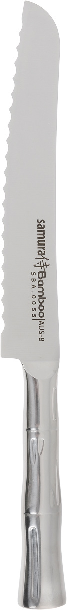 Нож для нарезки хлеба Samura Bamboo, длина лезвия 19,4 см. SBA-0055SBA-0055 Нож для нарезки хлеба Samura Bamboo, длина лезвия 19,4 см. SBA-0055SBA-0055Нож Samura Bamboo идеально подходит для нарезки хлеба всех сортов, овощей и других продуктов. Лезвие ножа изготовлено из нержавеющей стали. Уникальная технология двойного закаливания лезвия и оригинальный дизайн сделают такой нож отличным кухонным помощником. Процесс резки происходит плавно и легко. Нож не оставляет после себя запаха и послевкусия стали, что позволяет полностью сохранить свежесть продуктов. Нож устойчив к появлению пятен и коррозии. Используйте ножи только на разделочной доске из дерева или пластика (стеклянные доски способны затупить любую сталь). Можно мыть в посудомоечной машине. Длина ножа: 32 см.