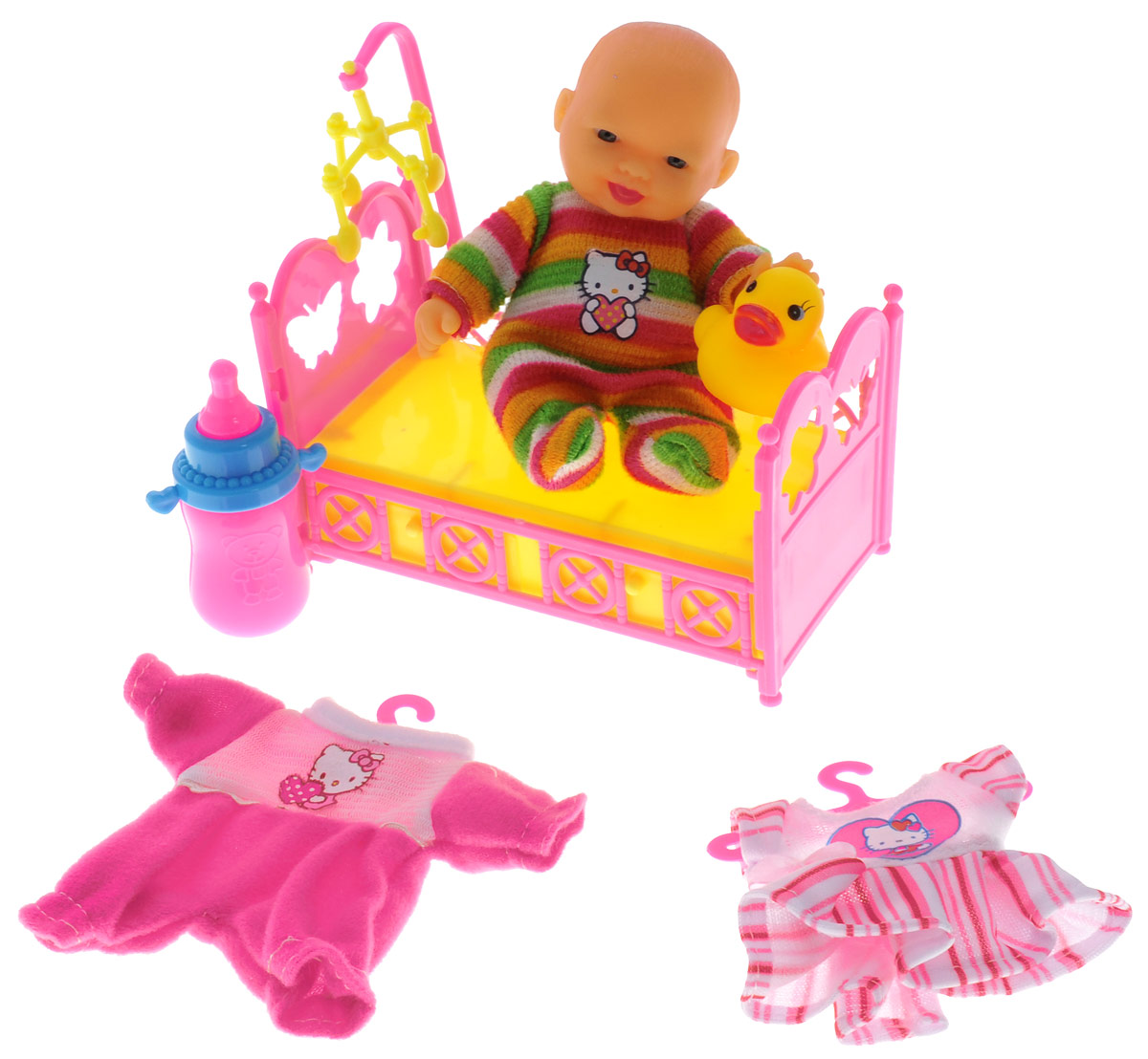 Карапуз Пупс Нello КittyU536-H43085-HELLO KITTY Карапуз Пупс Нello КittyU536-H43085-HELLO KITTYПупс Карапуз Нello Кitty привлечет внимание вашей малышки и не позволит ей заскучать. Главным героем будет очаровательный и реалистичный пупс, а аксессуары из набора добавят процессу разнообразия. Причем малыша ваша девочка сможет одеть по своему вкусу, так как в наборе имеется сразу два стильных костюмчика. Комплекты одежды украшены изображением кошечки Нello Кitty. Также в набор входят: кроватка, бутылочка и игрушка для пупса. Игра с пупсом разовьет в вашей малышке фантазию и любознательность, поможет овладеть навыками общения и научит ролевым играм, воспитает чувство ответственности и заботы. Порадуйте ее таким замечательным подарком!