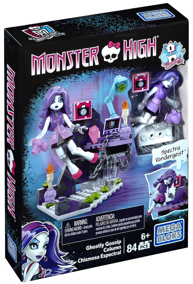 Mega Bloks Конструктор Monster High Колонка призрачных сплетенDLB79 Mega Bloks Конструктор Monster High Колонка призрачных сплетенDLB79С помощью конструктора Monster High. Колонка призрачных сплетен от известного производителя детских конструкторов Mega Bloks малышка сможет построить рабочий кабинет Спектры Вондергейст, ведущей колонку Призрачных сплетен. Рабочее место оснащено всем необходимым для юной журналистки - тут есть рабочий стол с компьютером, настольная лампа, свечи с подставками в виде черепов. Для создания Призрачных спелетен нужна особая атмосфера! В набор также входит фигурка самой Спектры Вондергейст, и ее фотоаппарат. Ножки и ручки фигурки подвижны, ножки сгибаются в коленях. Конструктор Mega Bloks Monster High. Колонка призрачных сплетен станет отличным подарком для всех поклонниц вселенной Monster High!