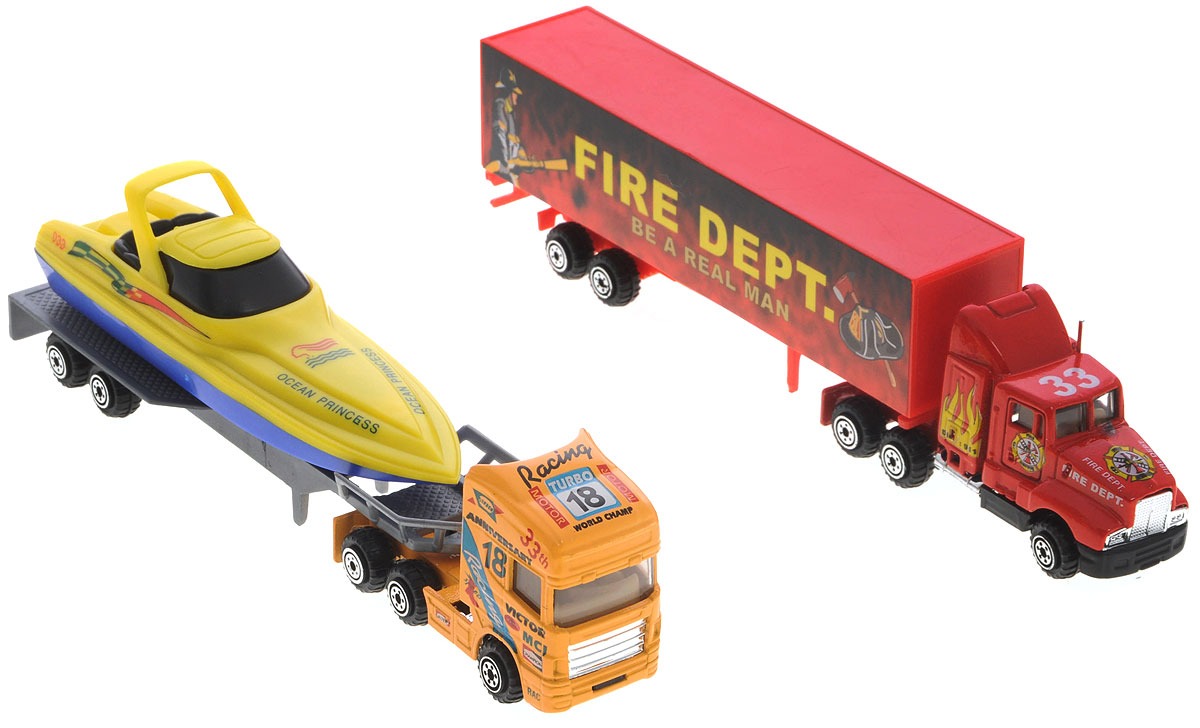 Pro-Engine Набор машинок Tractor Trailer цвет красный оранжевый 2 штPT301_оранжевый,красный Pro-Engine Набор машинок Tractor Trailer цвет красный оранжевый 2 штPT301_оранжевый,красныйНабор машинок Pro-Engine Tractor Trailer понравится любому мальчику. В набор входят два мощных трейлера, один из которых перевозит катер. Игрушки изготовлены из качественных и безопасных материалов с высокой степенью детализации. С таким набором малыш сможет устраивать различные соревнования и придумывать захватывающие сюжеты для игр.