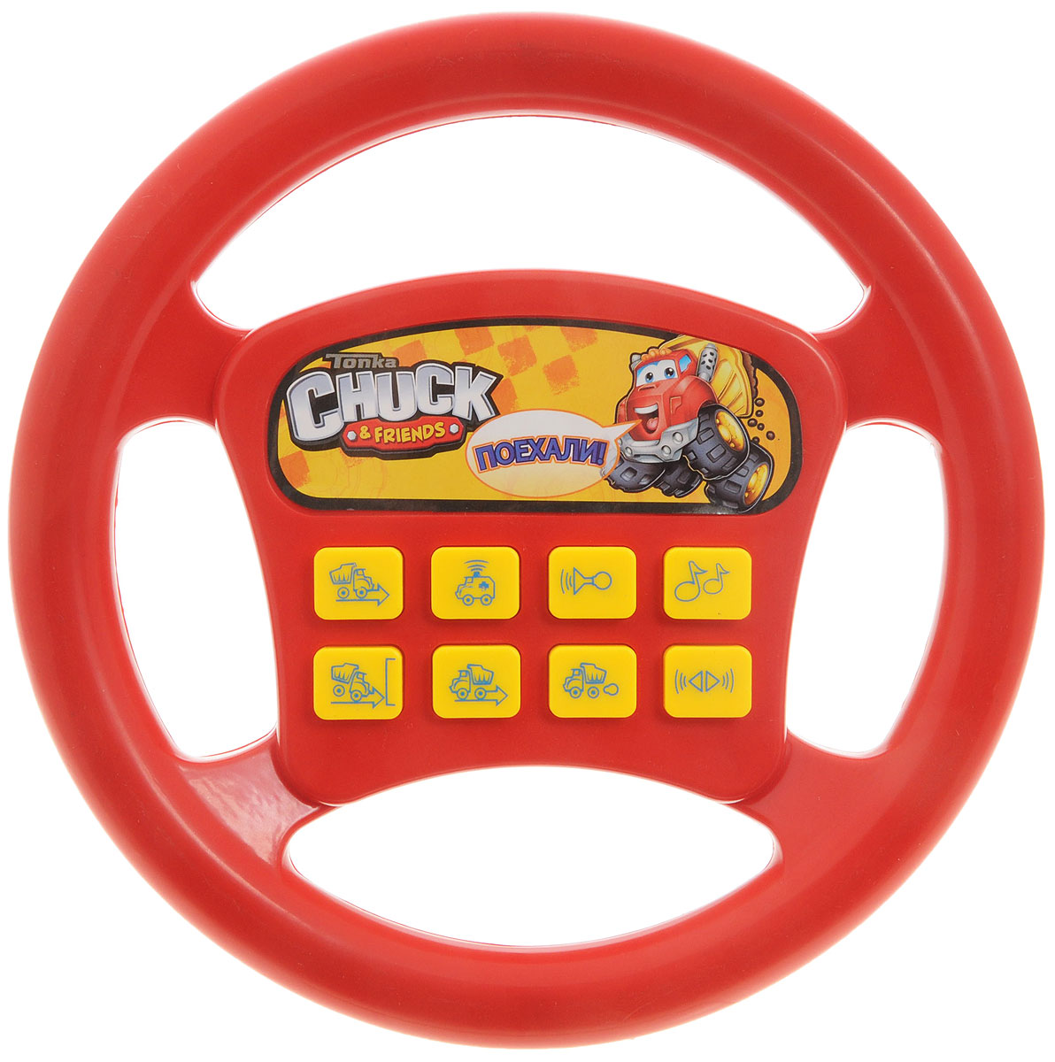 Играем вместе Игрушечный руль Chuck & FriendsA695-H05002-R1 Играем вместе Игрушечный руль Chuck & FriendsA695-H05002-R1Игрушечный руль Играем вместе Chuck & Friends не оставит равнодушным вашего юного автолюбителя. Теперь ваш ребенок сможет фантазировать и представлять себя водителем в любом месте: и дома, сидя на стуле, и на заднем сиденье автомобиля во время поездки. Руль обладает множеством звуковых эффектов. Нажимая на одну из 8 кнопок, ребенок услышит веселые песенки, звуки сирены, рычание мотора и множество других. Играя с рулем, малыш разовьет воображение и фантазию, ведь так здорово представлять себя водителем, который едет в необыкновенное путешествие. Необходимо купить 2 батарейки типа АА (не входят в комплект).