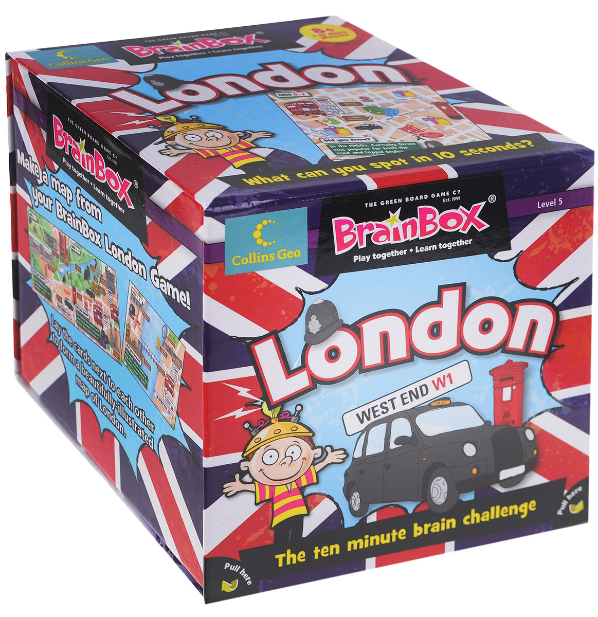 BrainBox Настольная игра Сундучок знаний London90016 BrainBox Настольная игра Сундучок знаний London90016Добро пожаловать в Лондон! Настольная игра BrainBox Сундучок Знаний. London - англоязычная игра на развитие зрительной памяти, речи и концентрации внимания. Цель игры: набрать наибольшее количество карточек в течение 10 минут. Как играть: Для одного игрока: Переверните песочные часы и изучите картинку в течение 10 секунд. Переверните карточку и бросьте кости. Ответьте на выпавший вам вопрос. Если вы правильно ответили на вопрос, оставьте карточку себе. Если вы ошиблись, верните карточку в коробку. Посчитайте, сколько карточек у вас набралось через 5 или 10 минут. Помните! Все ответы на вопросы размещены на картинке, поэтому смотрите внимательно! Для двух и более игроков: Если вы младший из игроков, достаньте карточку из коробки. Переверните песочные часы и в течение 10 секунд внимательно изучите картинку на карточке. Передайте карточку другому игроку и бросьте кости. Ответьте на выпавший вам вопрос (например, если выпала цифра два, вы ...