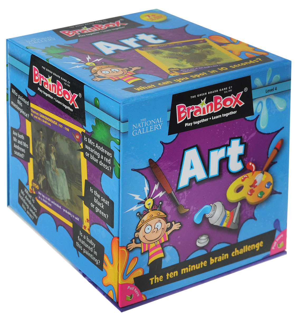 BrainBox Настольная игра Сундучок знаний Art90014 BrainBox Настольная игра Сундучок знаний Art90014Настольная игра BrainBox Сундучок Знаний. Art - английский вариант популярной во всем мире викторины Искусство. В увлекательном игровом процессе вы ознакомитесь с шедеврами мировой живописи, узнаете интересные факты о картинах и получите прекрасную языковую практику. Игра способствует развитию зрительной памяти и концентрации внимания. Цель игры: набрать наибольшее количество карточек в течение 10 минут. Как играть: Для одного игрока: Переверните песочные часы и изучите картинку в течение 10 секунд. Переверните карточку и бросьте кости. Ответьте на выпавший вам вопрос. Если вы правильно ответили на вопрос, оставьте карточку себе. Если вы ошиблись, верните карточку в коробку. Посчитайте, сколько карточек у вас набралось через 5 или 10 минут. Помните! Все ответы на вопросы размещены на картинке, поэтому смотрите внимательно! Для двух и более игроков: Если вы младший из игроков, достаньте карточку из коробки. Переверните песочные часы и в течение 10 секунд...