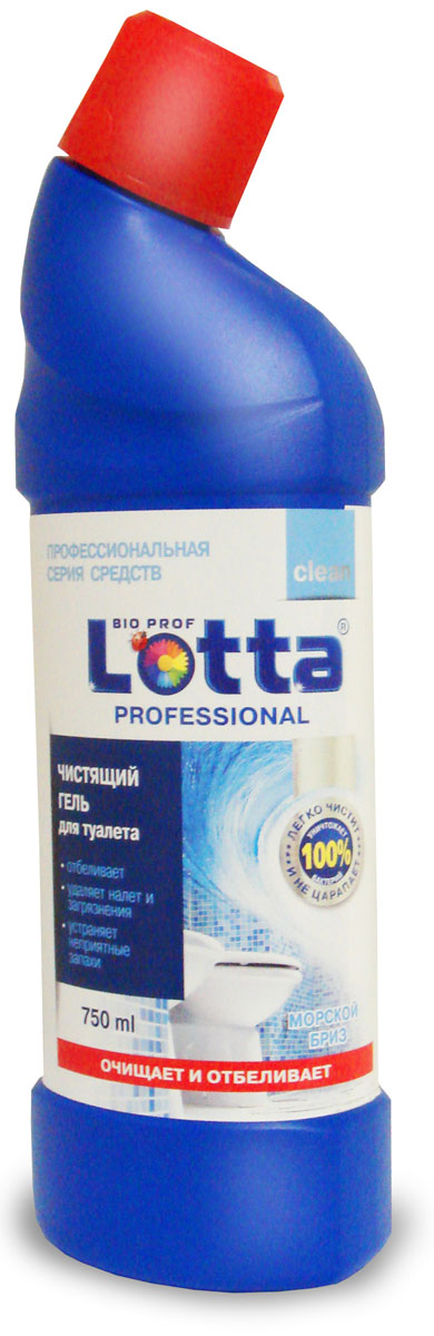 Чистящий гель Lotta Рrofessional, для туалета, морской бриз, 750 мл4660002310895 Чистящий гель Lotta Рrofessional, для туалета, морской бриз, 750 мл4660002310895Чистящий гель с ароматом морского бриза для чистки раковин, унитазов, керамической плитки, душевых поддонов и труб