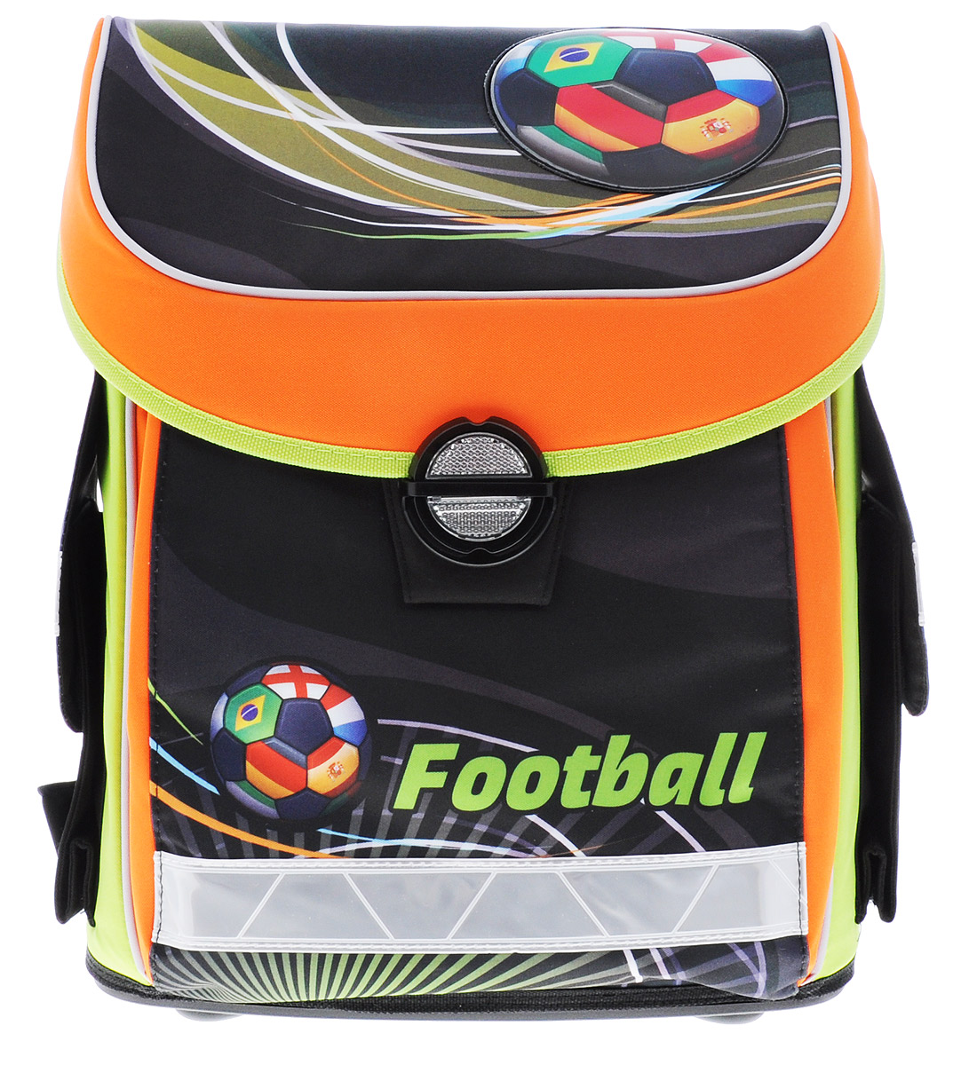 Hatber Школьный ранец FootballNRk_06401 Hatber Школьный ранец FootballNRk_06401Эргономичный школьный ранец Hatber Football предназначен для детей младшего и среднего школьного возраста. Ранец имеет одно основное отделение, содержащее накладной карман с утягивающей резинкой, передний карман, содержащий накладной карман на молнии, а также два боковых кармана на липучках. Основное отделение и передний карман закрываются общим клапаном на защелке. Лицевая сторона ранца, боковые карманы и лямки дополнены светоотражающими элементами. Ранец украшен аппликацией в виде футбольного мяча с флагами, а также мягкой подвеской с изображением футбольной бутсы. Боковые карманы декорированы изображением мяча. Жесткий корпус, износостойкий материал, прочный замок из износоустойчивого пластика и плотное дно с пластиковыми ножками гарантируют сохранность содержимого ранца в любой ситуации. Жёсткий анатомический каркас и спинка специальной формы с мягкими вставками способствуют равномерному распределению нагрузки и формированию правильной осанки, эргономичная ручка...