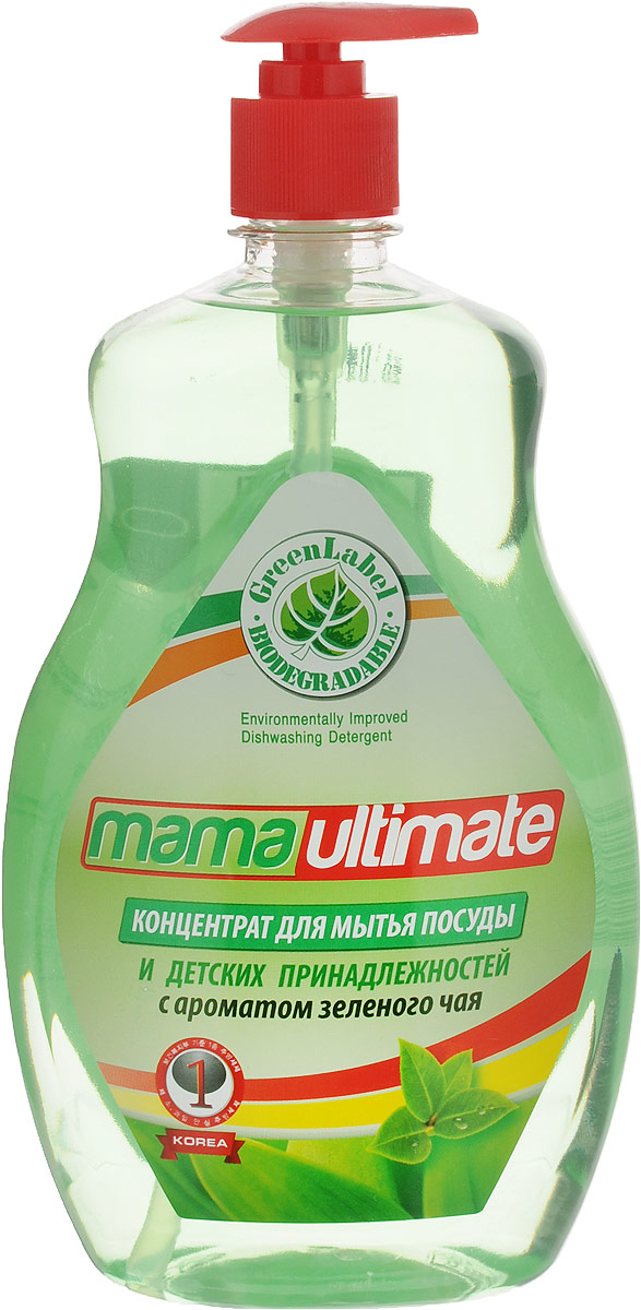 Гель для мытья посуды и детских принадлежностей Mama Ultimate, концентрат, с ароматом зеленого чая, 1 л49139 Гель для мытья посуды и детских принадлежностей Mama Ultimate, концентрат, с ароматом зеленого чая, 1 л49139Гель для мытья посуды и детских принадлежностей Mama Ultimate прекрасно моет в воде любой жесткости и температуры. Подходит для мытья посуды из фарфора, хрусталя, стекла, тефлона, пластика, металла и другого материала, а также может использоваться для мытья овощей и фруктов. Гель растворяет жиры, смывает остатки пищи, не оставляет разводов и пятен на посуде. Благодаря антибактериальной биоразлагаемой формуле и густой консистенции средство обеспечивает минимальный расход. Содержит минеральные экстракты, которые позволяют мыть посуду, не иссушая и не раздражая кожу рук. Состав: 30% и более вода, 5% или более, но менее 15% натрия лауретсульфат, менее 5% алкилбензолсульфокислота, хлорид натрия, гидроксид натрия, метилизотиазолинол и метилхлоризотиазолинол, триолан Б, парфюмерная композиция, краситель. Товар сертифицирован.