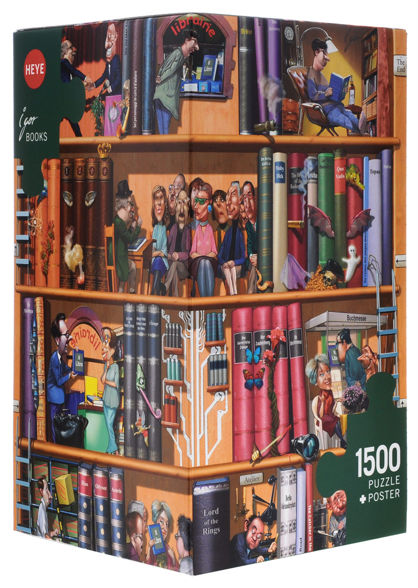 HEYE Пазл Книги29234 HEYE Пазл Книги29234Пазл HEYE Книги придется вам по душе. Собрав этот пазл, включающий в себя 1500 элементов, вы получите юмористическую картину. Пазлы - прекрасное антистрессовое средство для взрослых и замечательная развивающая игра для детей. Собирание пазла развивает у ребенка мелкую моторику рук, тренирует наблюдательность, логическое мышление, знакомит с окружающим миром, с цветами и разнообразными формами, учит усидчивости и терпению, аккуратности и вниманию. Собирание пазла - прекрасное времяпрепровождение для всей семьи. К пазлу прилагается постер.