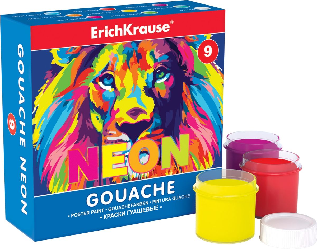 Erich Krause Гуашевые краски Neon 9 цветов39071 Erich Krause Гуашевые краски Neon 9 цветов39071Гуашевые краски Erich Krause Neon изготовлены из качественных материалов. Краски абсолютно безопасны при использовании и легко смываются водой. Всего 9 гуашевых красок с насыщенными неоновыми цветами, и каждая коробочка с гуашью отдельно упакована в термоусадочную пленку. Краски находятся в картонной коробке, которая не даст им засохнуть. Яркие и практичные гуашевые краски Erich Krause Neon с продуманной палитрой цветов непременно понравятся вашему юному художнику.