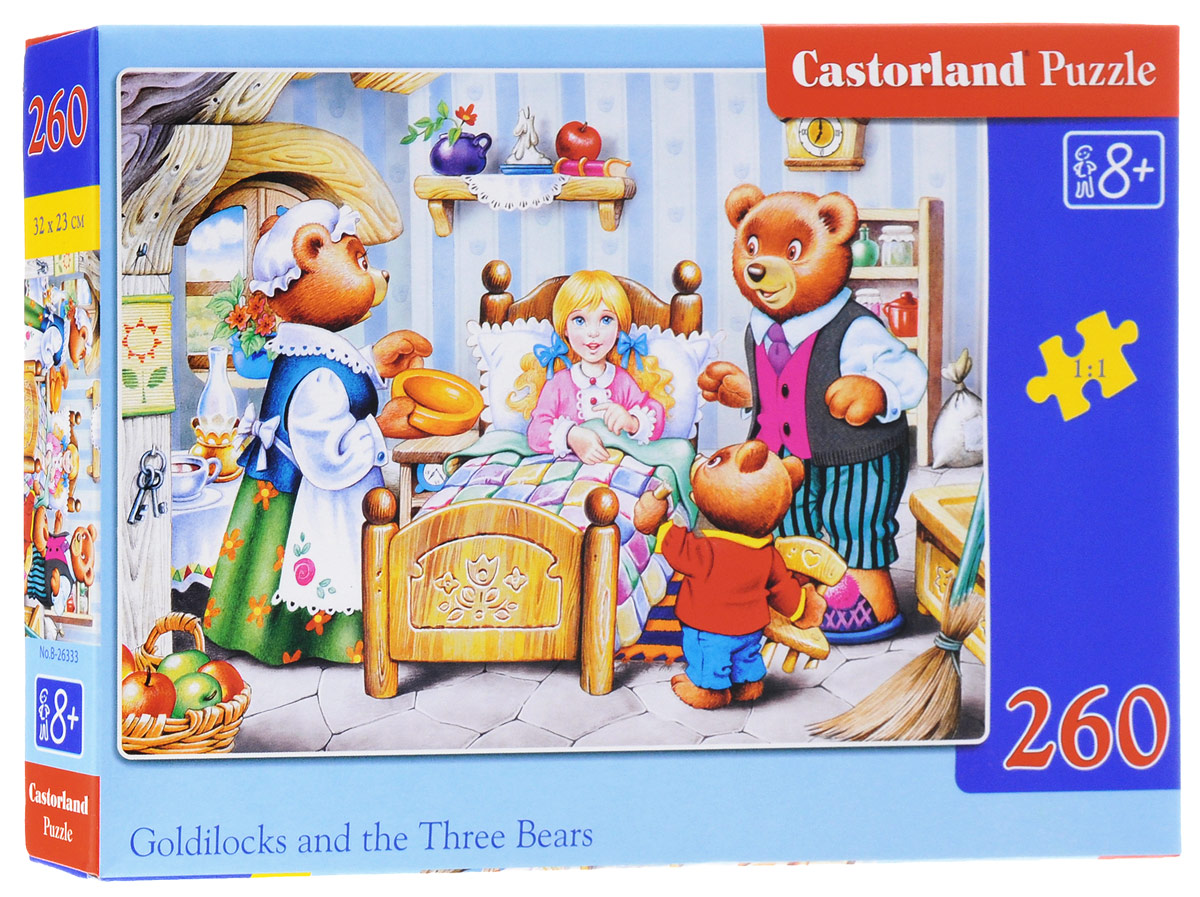 Castorland Пазл Сказка Златовласка и три медведяB-26333 Castorland Пазл Сказка Златовласка и три медведяB-26333Пазл Castorland Сказка. Златовласка и три медведя обязательно придется по душе всем любителям сказок. Собрав этот пазл, включающий в себя 260 элементов, вы получите красочную картинку с изображением персонажей известной сказки. Пазлы - замечательная развивающая игра для детей. Собирание пазла развивает у ребенка мелкую моторику рук, тренирует наблюдательность, логическое мышление, знакомит с окружающим миром, с цветами и разнообразными формами, учит усидчивости и терпению, аккуратности и вниманию.
