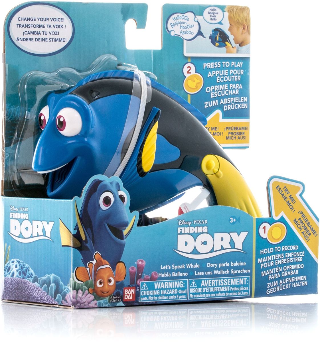 Finding Dory Интерактивная игрушка Дорюша-повторюша36470, 36471 Finding Dory Интерактивная игрушка Дорюша-повторюша36470, 36471Интерактивная игрушка Finding Dory Дорюша-повторюша выполнена в виде подводного обитателя мультипликационного фильма В поисках Дори. Фигурка отличается прекрасной степенью детализации, она выполнена из качественного пластика ярких насыщенных тонов. Скажи любую фразу, а Дори все повторит смешным голосом белуги. Во время записи фразы нужно держать кнопку на одной стороне рыбки нажатой. Для воспроизведения фразы нажать на другую кнопку. Эта милая игрушка поднимет вам настроение и поможет развеселить друзей! Такой подарок понравится как детям, так и взрослым людям с чувством юмора! Работает от 2 батареек ААА (комплектуется демонстрационными).