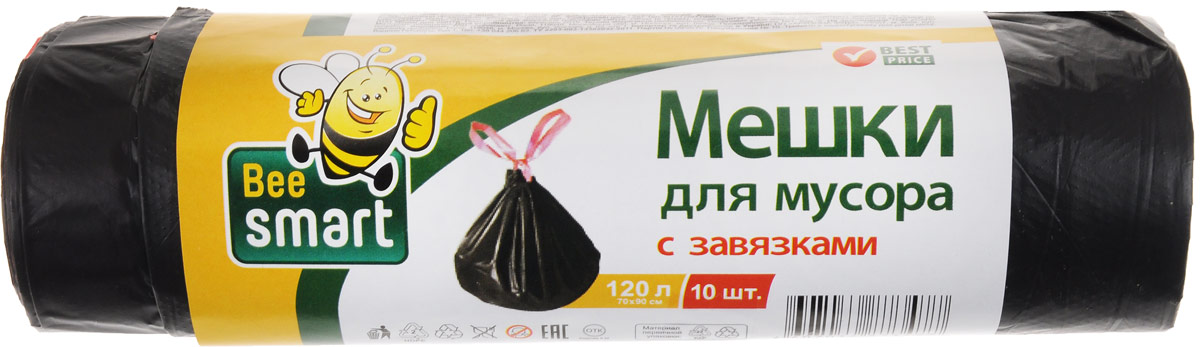 Мешки для мусора Beesmart, с завязками, 120 л, 10 шт402048/402040/402039 Мешки для мусора Beesmart, с завязками, 120 л, 10 шт402048/402040/402039Мешки Beesmart, выполненные из высокопрочного и эластичного полиэтилена, обеспечат чистоту и гигиену в квартире. Они удобны для сбора и утилизации мусора, занимают мало места, практичны в использовании. Широко применяются в быту и на производстве. Благодаря прочным завязкам изделия удобны в переноске и предотвращают распространение неприятного запаха. Количество: 10 шт.