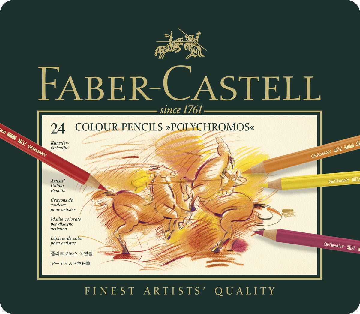 Faber-Castell Цветные карандаши Polychromos 24 цвета110024 Faber-Castell Цветные карандаши Polychromos 24 цвета110024Цветные карандаши Faber-Castell Polychromos станут незаменимым инструментом для начинающих и профессиональных художников. В набор входят 24 карандаша разных цветов. Особенности карандашей: высокое содержание очень качественных пигментов гарантирует устойчивость к воздействию света и интенсивность; грифель толщиной 3,8 мм; гладкий грифель на основе воска водоустойчив, не размазывается. Набор цветных карандашей - это практичный художественный инструмент, который поможет вам в создании самых выразительных произведений. Карандаши упакованы в металлический пенал, благодаря чему их удобно хранить.