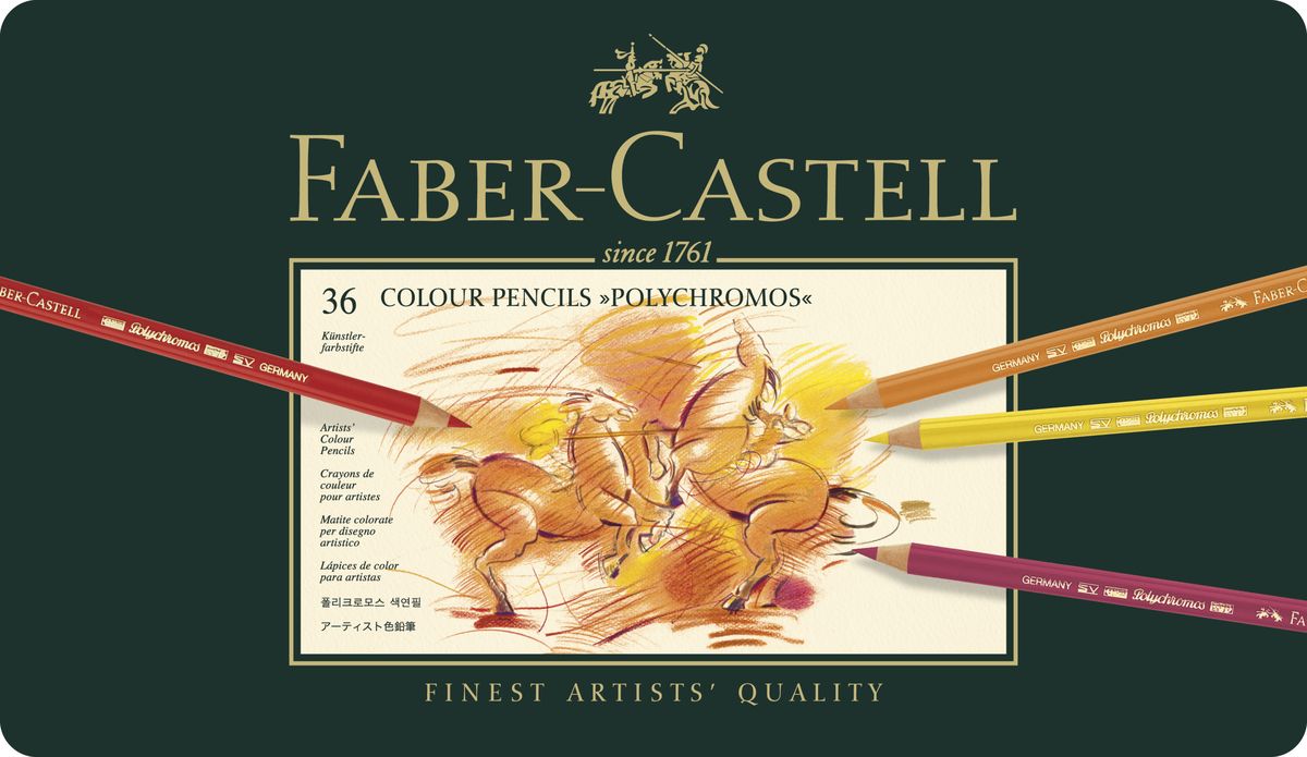 Faber-Castell Цветные карандаши Polychromos 36 цветов110036 Faber-Castell Цветные карандаши Polychromos 36 цветов110036Цветные карандаши Faber-Castell Polychromos станут незаменимым инструментом для начинающих и профессиональных художников. В набор входят 36 карандашей разных цветов. Особенности карандашей: высокое содержание очень качественных пигментов гарантирует устойчивость к воздействию света и интенсивность; грифель толщиной 3,8 мм; гладкий грифель на основе воска водоустойчив, не размазывается. Набор цветных карандашей - это практичный художественный инструмент, который поможет вам в создании самых выразительных произведений. Карандаши упакованы в металлический пенал, благодаря чему их удобно хранить.